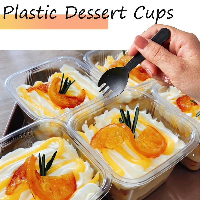100 Pack 8OZ Plastic 50Pcs Square Dessert Cups with Lids and 50Pcs Spoons,Square Ice Cream Container with Forks, Disposable Parfait Cups for Mousse Cupcake Pudding Snacks Yogurt Parfait Fruits(50Sets)