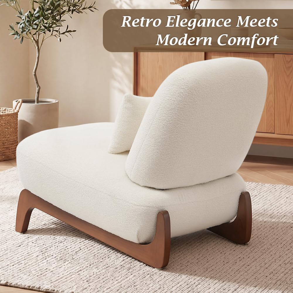 WELAX Modern Boucle Accent Chairs Set of 2, Sturdy Tilted Wood Legs with Thick Cushion & Comfy Lumbar Pillow, Armless Reading Chairs for Living Room, Lounge, Bedroom - White