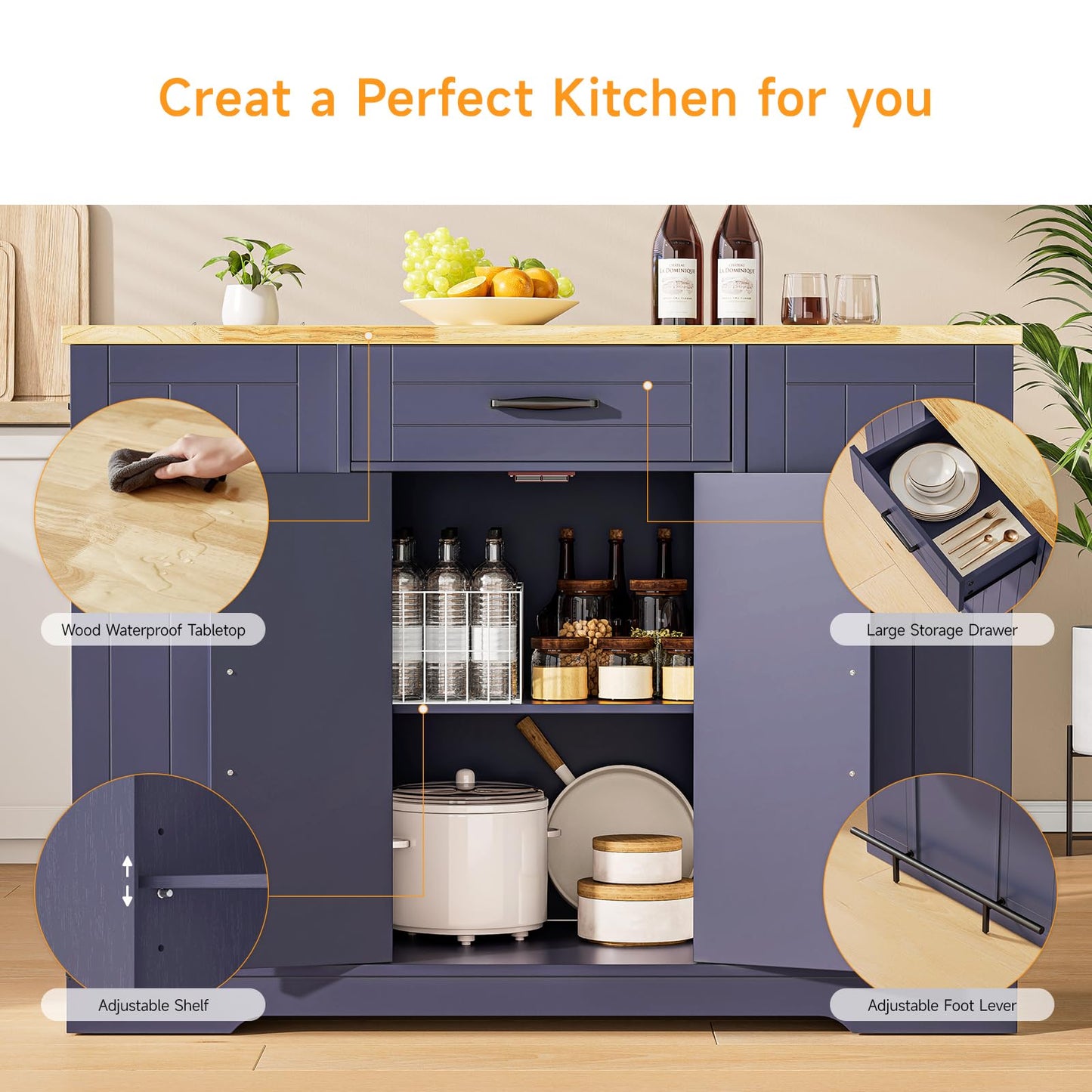 ONBRILL Stationary Kitchen Islands Include 2 Chairs, 47" Kitchen Island with Drop Leaf, Home Bar Table with Spice Rack & with Trash Cabinet, Island Table for Dining Room with Power Outlet, Blue