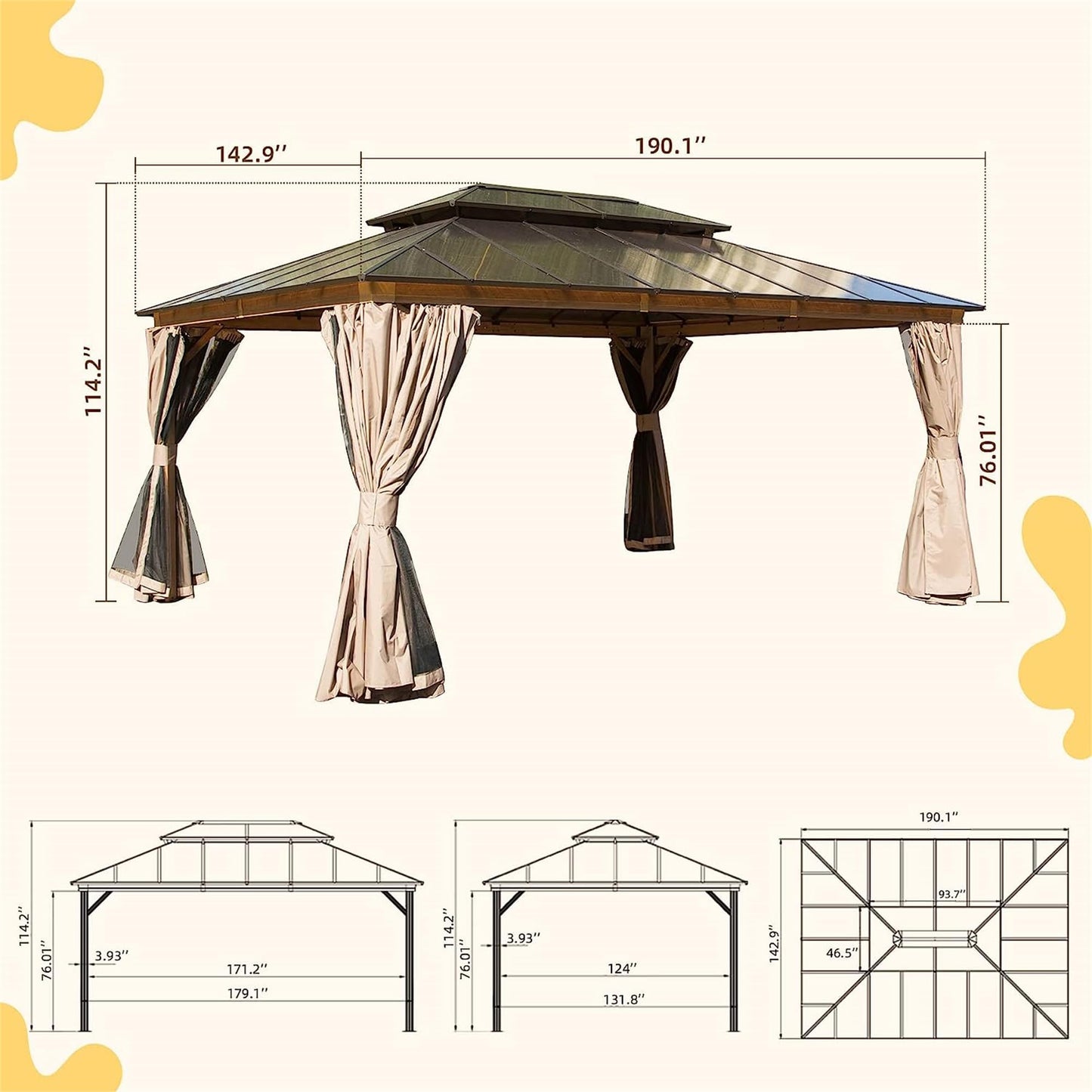 GOWE 12x16ft Hardtop Gazebo, Permanent Outdoor Gazebo with Polycarbonate Double Roof, Aluminum Gazebo Pavilion with Curtain and Net for Garden, Patio, Lawns, Deck, Backyard (Wood-Looking)