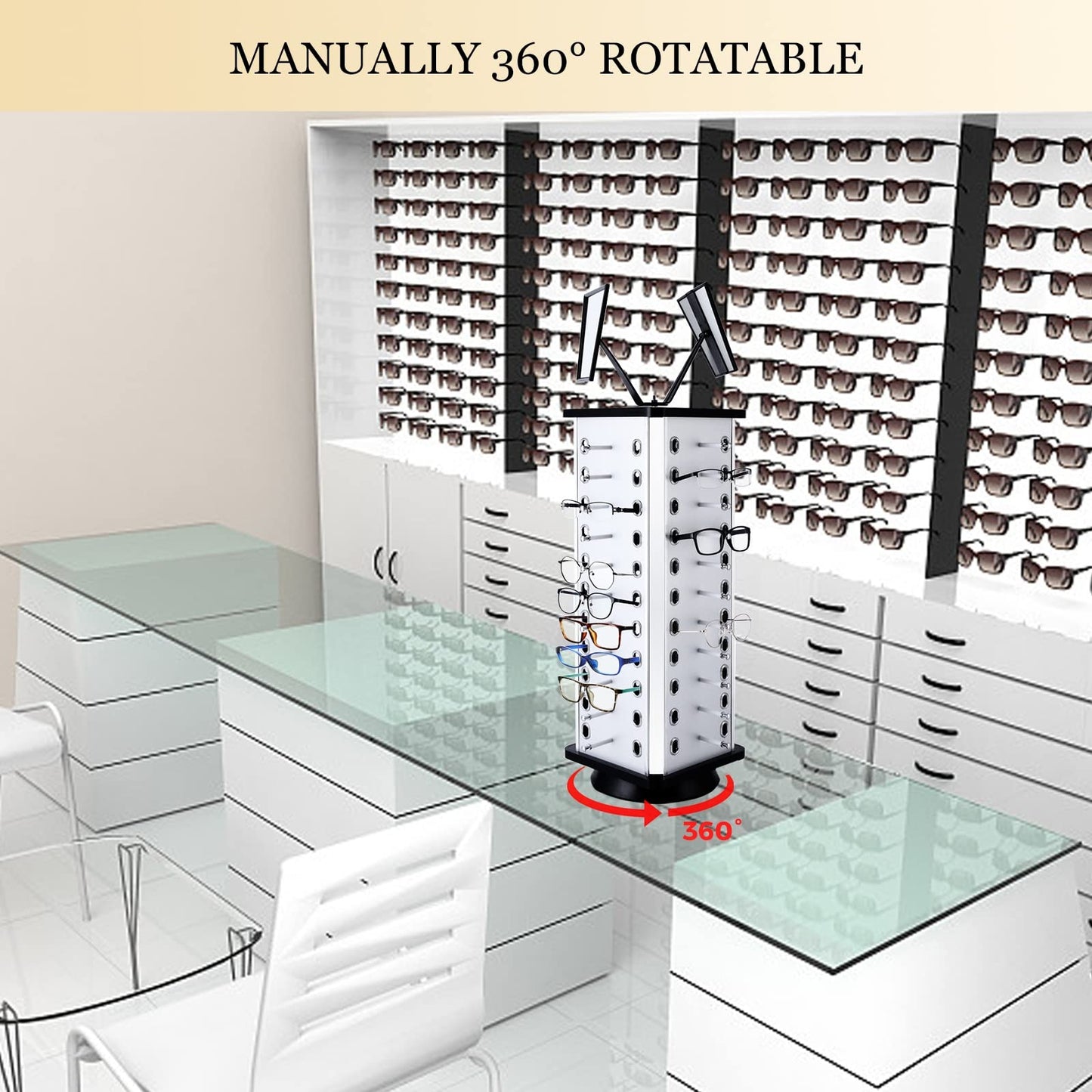 VARIPOWDER 360° Rotating Sunglass Display Stand – Sunglasses Organizer for Commercial & Home Use, Eyeglass Holder Stand, Space-Saving Sunglasses Display Rack with Mirror for 44 Pairs of Glasses