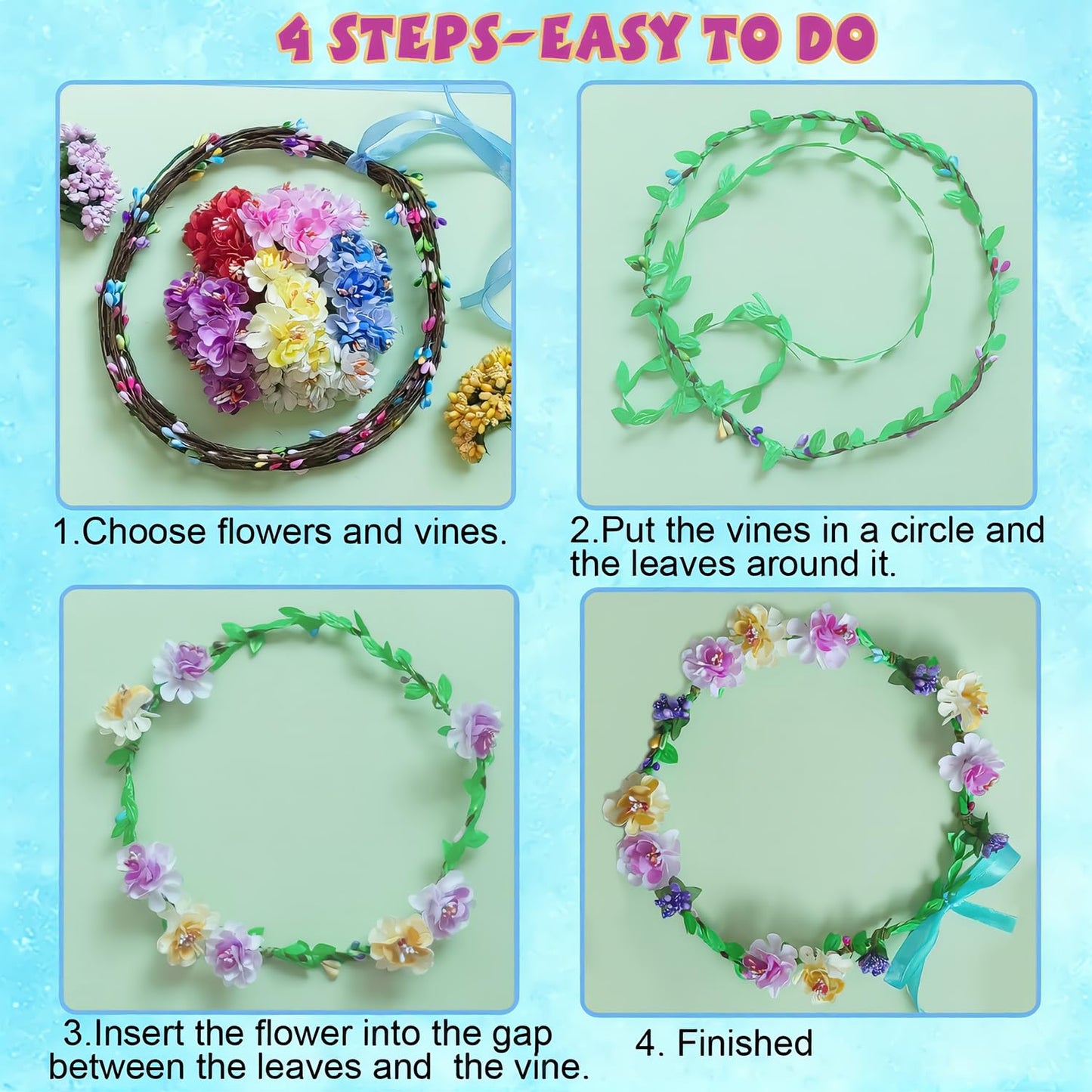 WUBOMJIO Flower Crowns Craft Kit, Make Your Own 12 PCs Floral Crowns Garland Handmade Arts and Crafts Kit, DIY Fairy Flower Headbands and Bracelets,Hair Accessories for Adult Women