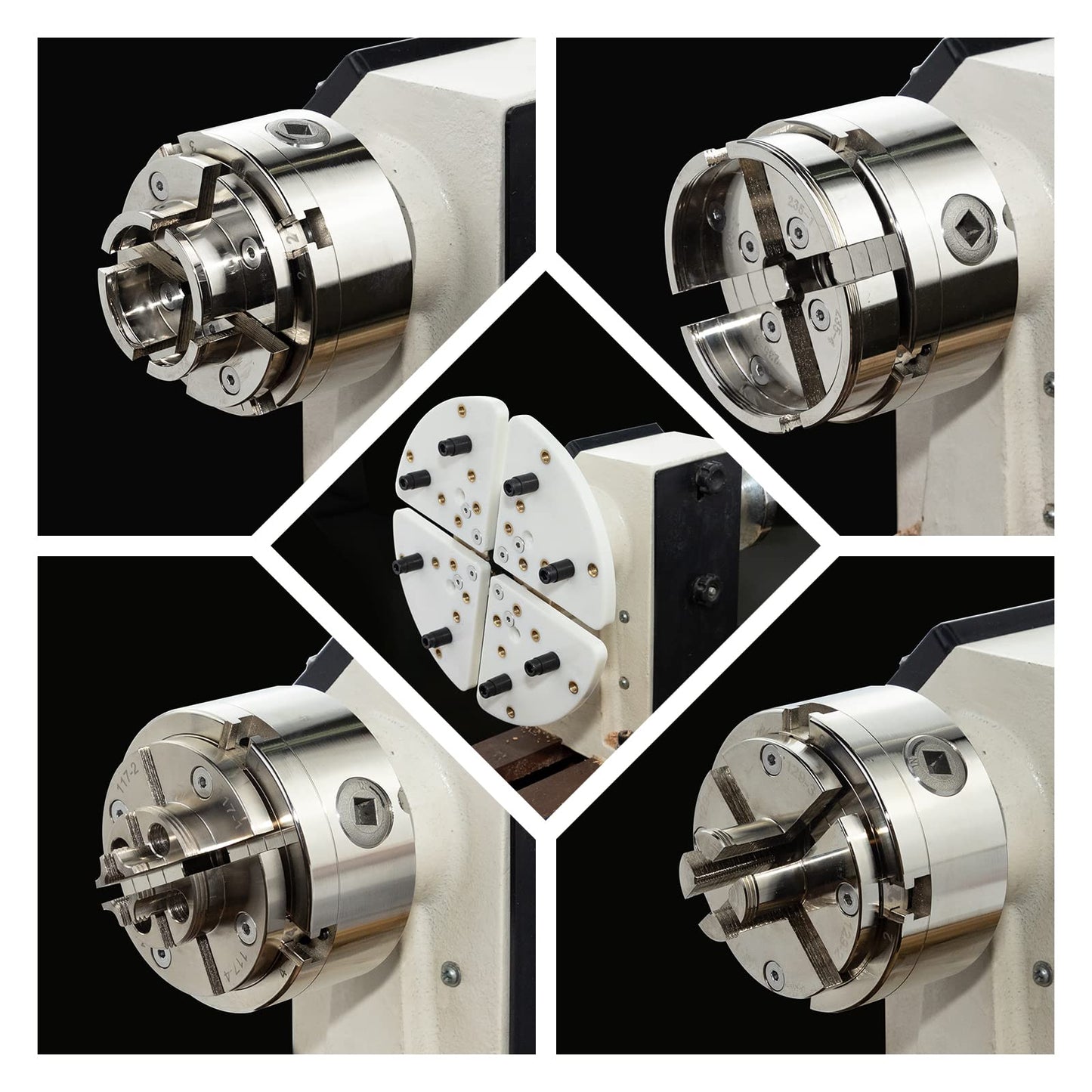 DEEFIINE 4 Inch Wood Lathe Chuck Set 1" x 8 tpi thread, Nickel Plated Self Centering 4 Jaw Wood Turning Chuck set(5PCS jaws)