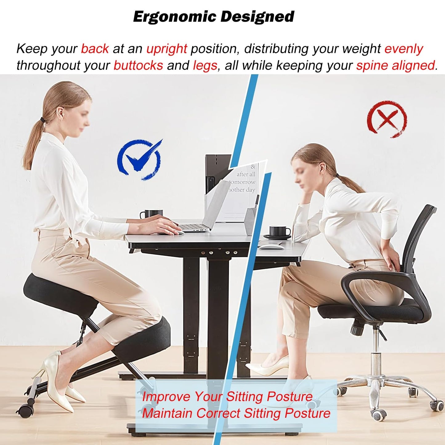 Office Chair Cross Legged Chair,Height Adjustable Kneeling Desk Chair with 4 Universal Wheels, Black Meditation Chair with Thick Seat, Ergonomic Kneeling Chair for Office/Classroom