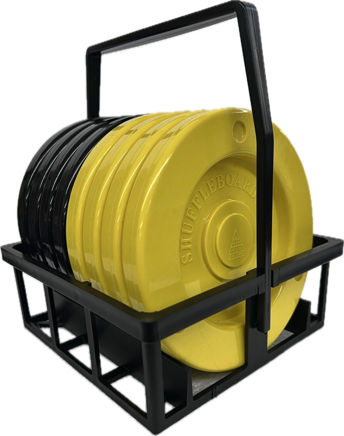 Home Shuffleboard Court Package - Roll Out Shuffleboard Court (28'L X 54" W), 4 Shuffleboard Cues, 6" Tournament Discs (4 Yellow, 4 Black), Disc Carrier, and Rules