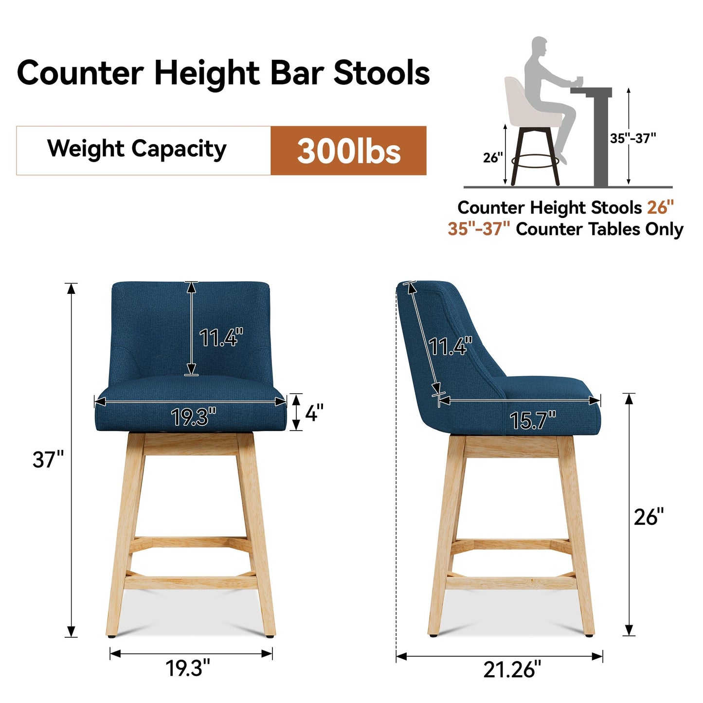Vipbear Counter Height Bar Stools Set of 2, 26" H Modern Swivel Bar stools with Contoured Back and Solid Wood Legs, Linen Fabric Upholstered Counter Bar Chairs for Kitchen Island, Blue