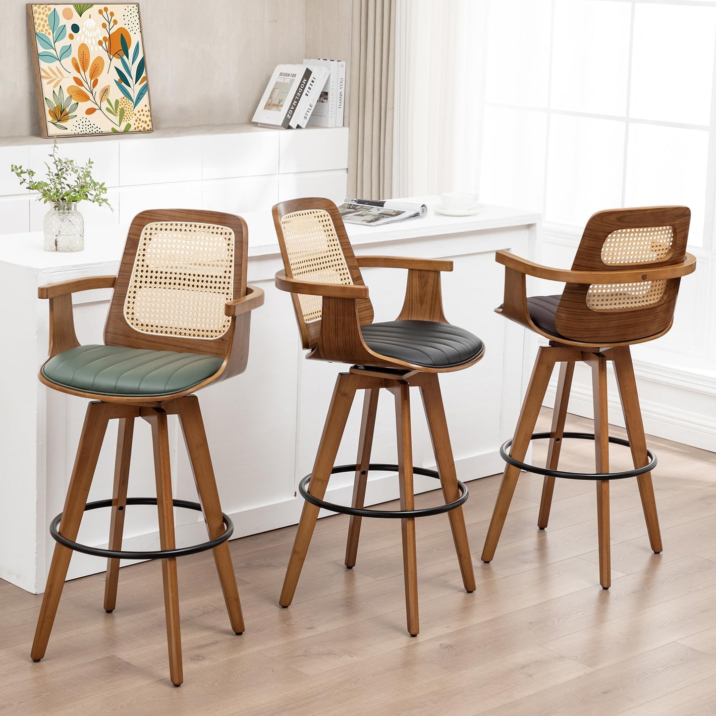 WUPOTO Bar Stools Set of 2, 29.7" Bar Height 360° Swivel Stools with Ergonomic Rattan Back, Faux Leather Seat, Bamboo Legs with Walnut Finish, Mid-Century Style (Green)