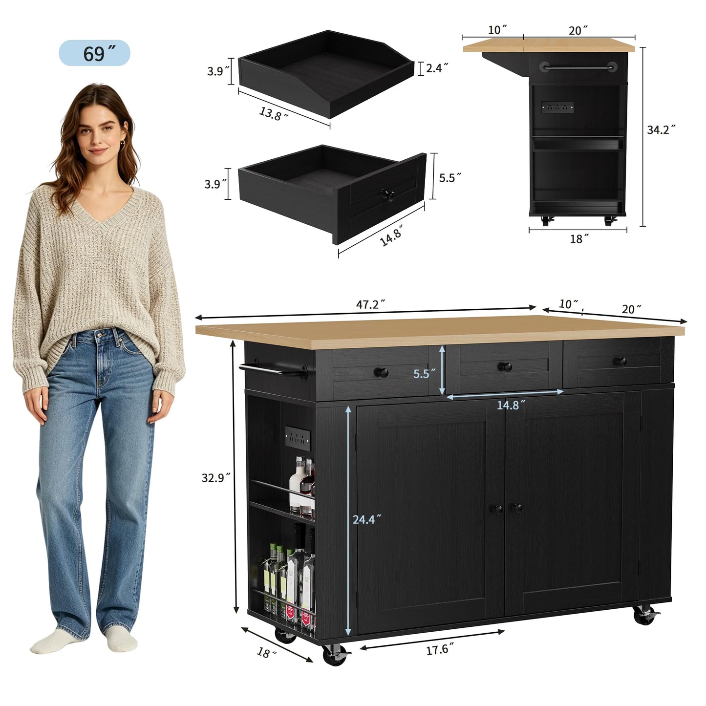 Garvee Rolling Kitchen Island Cart with Power Outlet & Drop Leaf, Kitchen Storage Cabinet On Wheels with 3 Drawers, Spice Rack & Towel Rack, Mobile Island Table for Kitchen