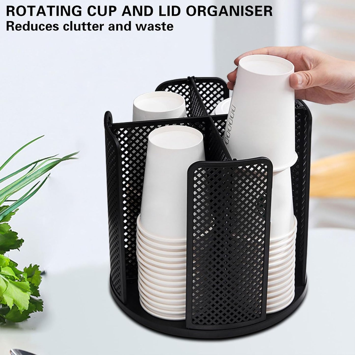 Black Rotated Cup and Lid Dispenser, Paper Cup Holder for Countertop with 4 Compartments for Coffee Station