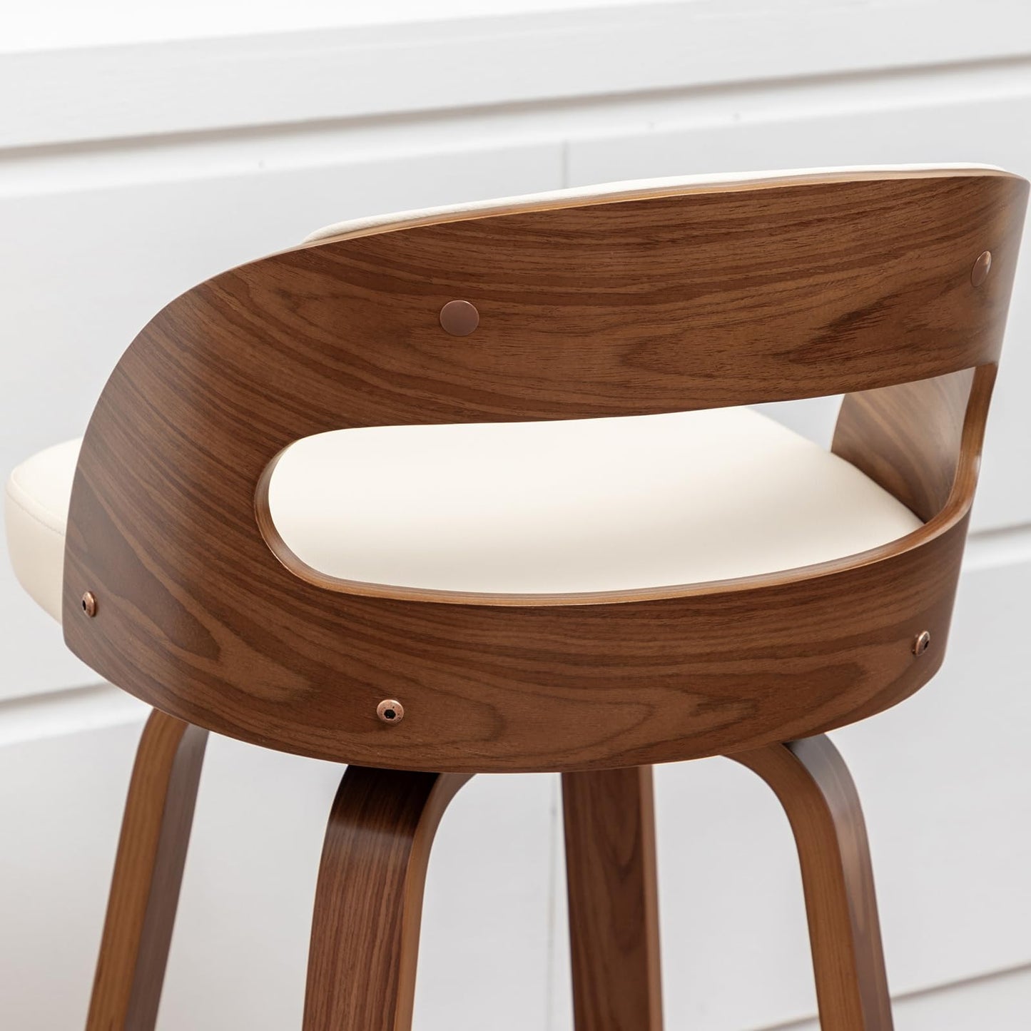Mid Century Modern Counter Height Bar Stools Set of 2, 360° Swivel Counter Stools with Bentwood Walnut Frame, Upholstered Faux Leather Seat, Curved Back Kitchen Island Chairs, 25" Seat Height, Beige