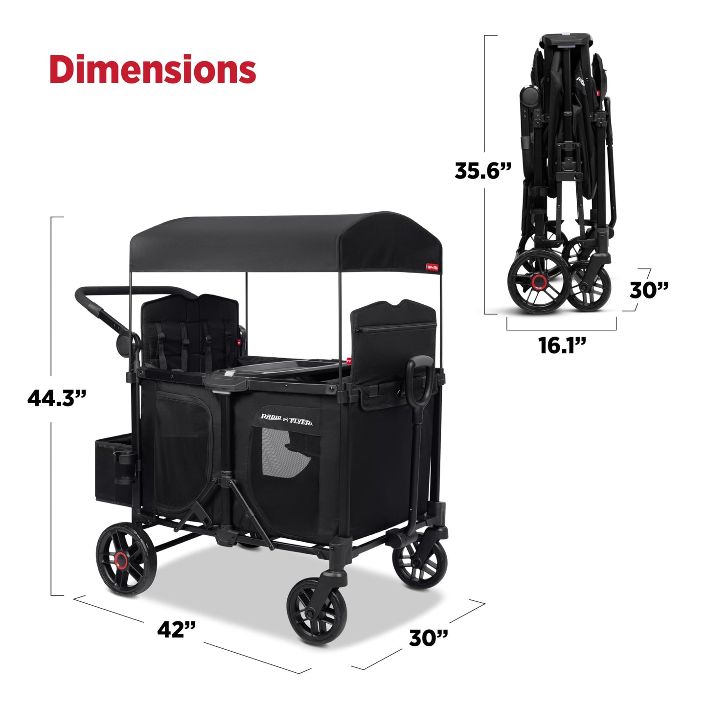 Radio Flyer Voya 2.0 XT 4-Seat Stroller Wagon, for Kids 6+ Months, Lightweight, Compact, Foldable, UV Canopy, Included Storage, Raised Folding Seats, Zippered Doors, Stroller Wagon for Kids