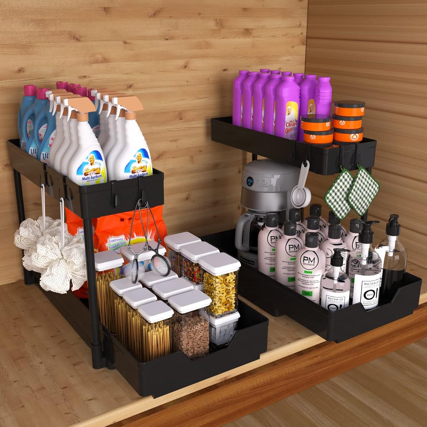 Nature's Source Under Sink Organizer - 2 Tier Sliding Cabinet Storage Baskets | L-Shape Design, Black