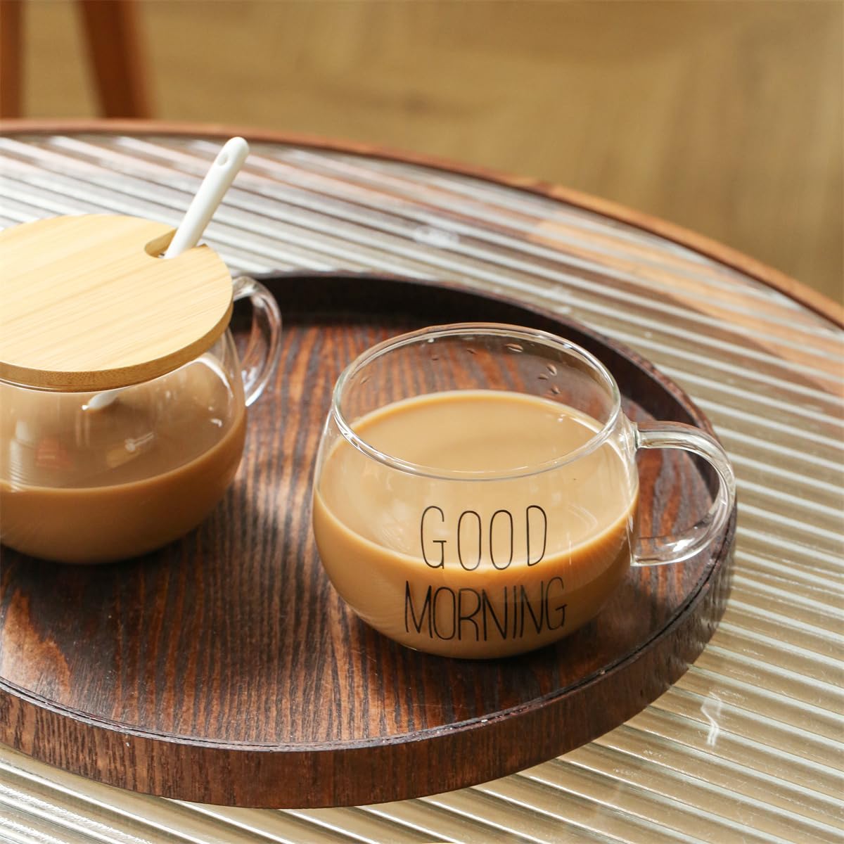 TREEWOO GOOD MORNING Clear Mug For Coffee Dessert Milk Tea Yogurt, Set of 2, Round Glass Cup Handgrip Drinkware With Bamboo Lid Tulip Ceramic Spoon (2 Black Letters Cup)