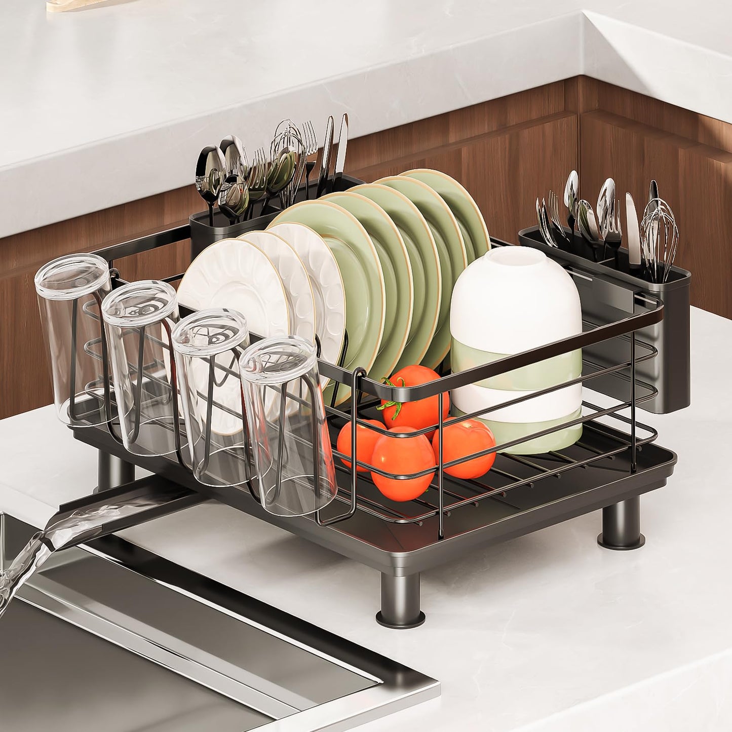 PureBox Dish Drying Rack with 2 Utensil Holders, Rustproof Metal Kitchen Counter Organizer with Cup Holder & Drain Board, Large Capacity Dish Rack for Sink, Black