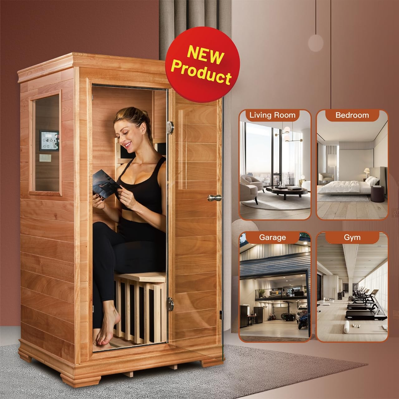 Far Infrared Sauna Room for 1 Person, Power 960W/120V with Elevated Base, 6 Heating Panels, Built-in Speakers, Tea Tray, Control Panel, 35 * 27 * 61 Inch