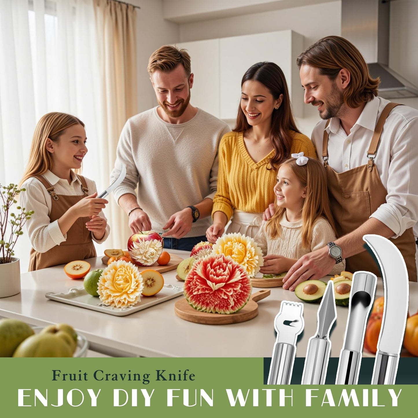 Krbnk 14PCS Fruit Carving Tools Set, Stainless Steel Melon Baller Scoop Set, Fruit Cutters Shapes, Cantaloupe Cutter Slicer Tool Piranha Spiral Cutter and V-Tool for Fruits Vegetable Sculpting
