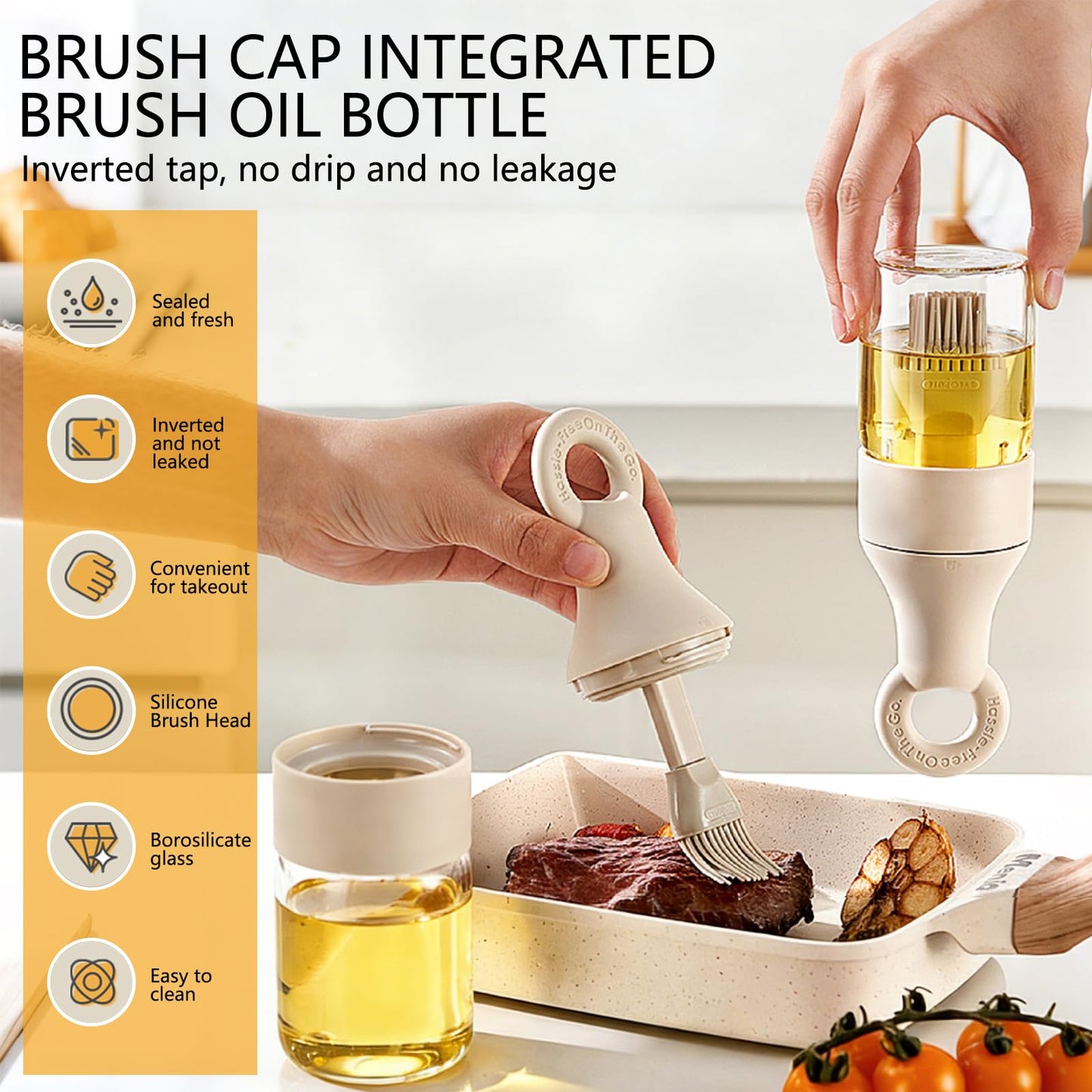 QQC 2 in 1 Oil Dispenser Bottle with Silicone Brush - 150ml/5.07oz Borosilicate Glass Basting Brush for BBQ, Grilling, Easy Kitchen & Outdoor Cooking