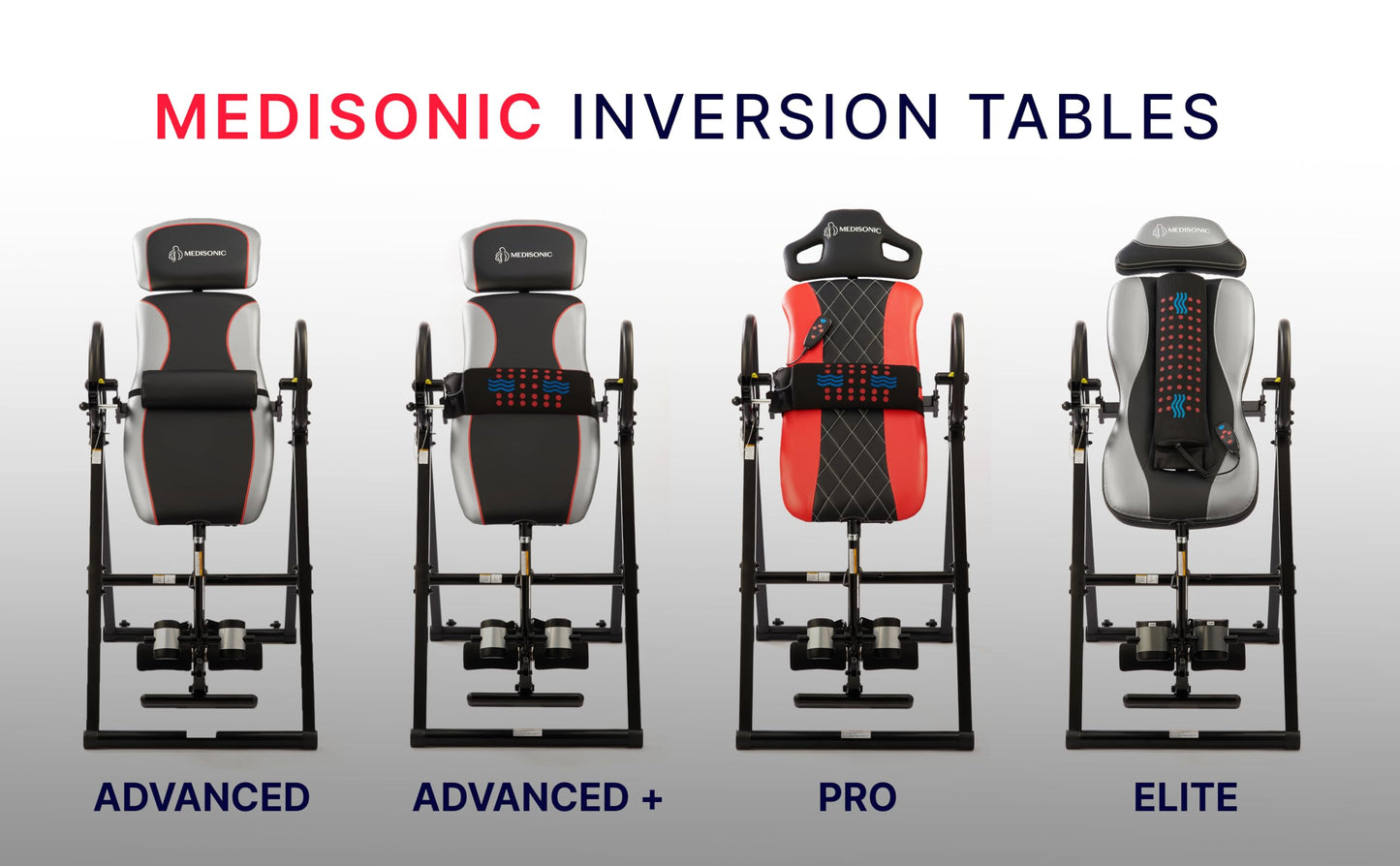 MediSonic Pro Inversion Table with Adjustable Heat & Vibrating Massage Lumbar Pad, Diamond-Stitched Comfort Backrest, Multiple Inversion Angles, 300 lb Capacity, Home Use, Blue