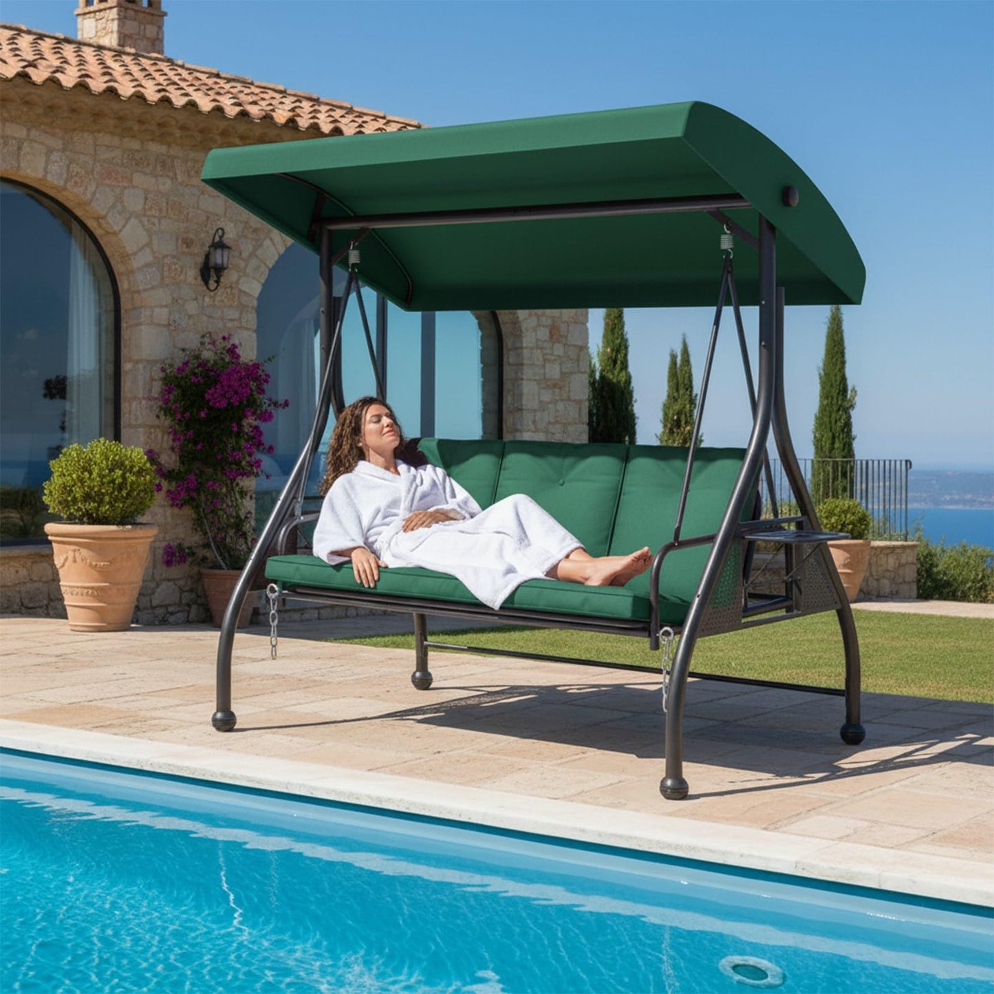 3 Person Outdoor Adult Porch Swings Bed with Stand & Adjustable Canopy, Patio Swing Daybed with Foldable Side Tray w/Thicken Cushions for Adults for Balcony Garden Deck Green