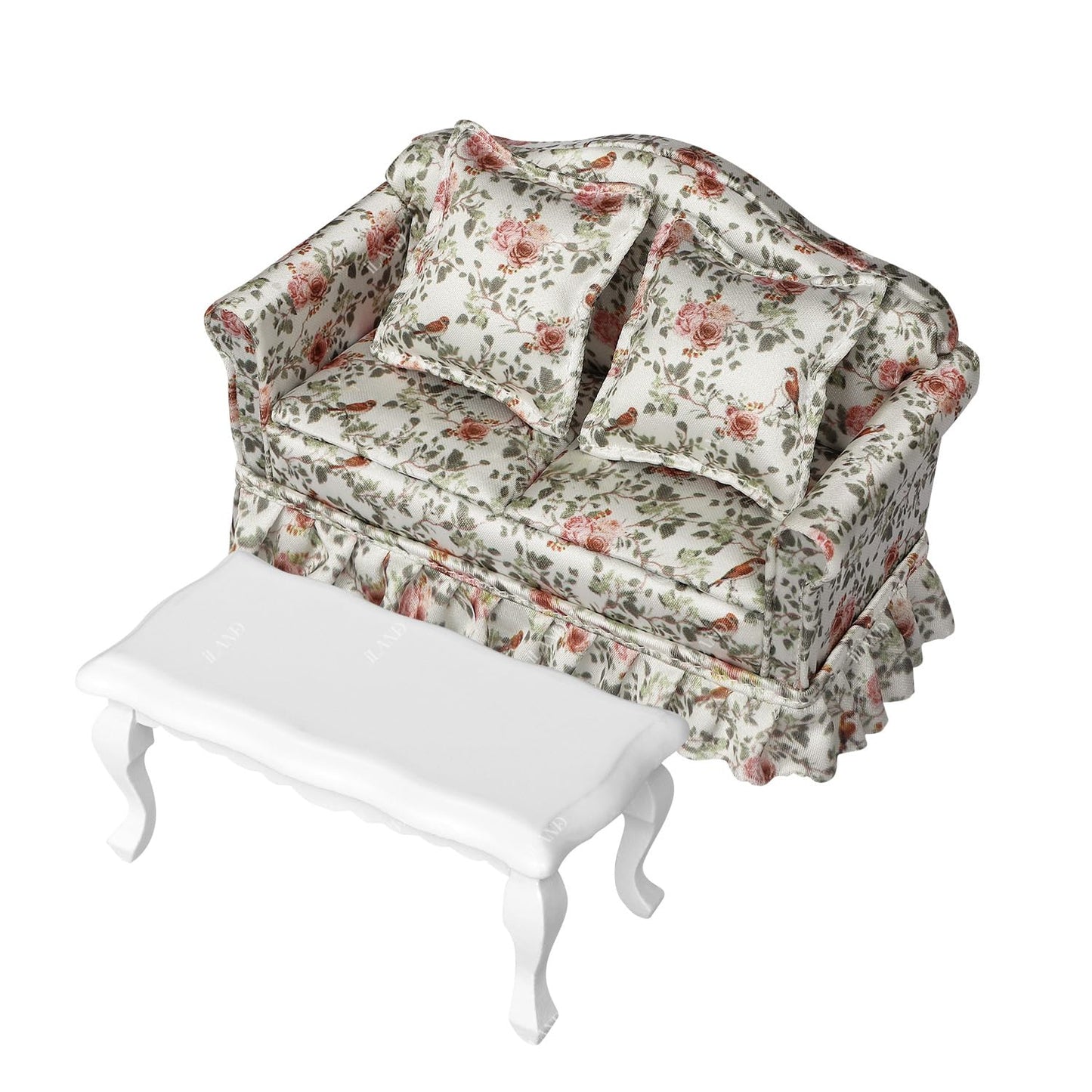 iLAND Dollhouse Furniture of Miniature Couch with Coffee Table the Beautiful Doll House Furniture Set fit 1/12 scale accessories, Elegant Rose and Birds Customized Fabric and Amazing Pleated Handiwork