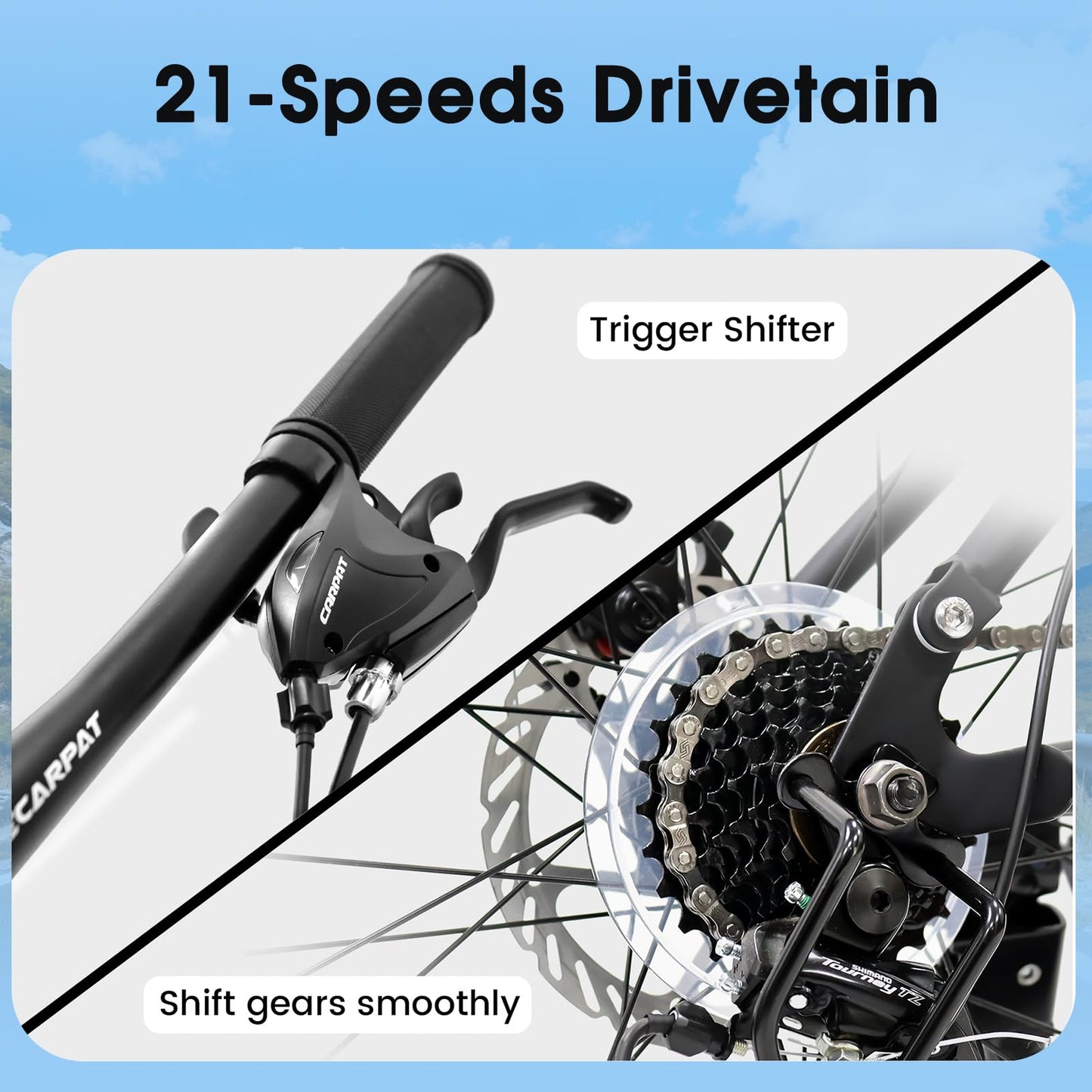 richvelo Mountain Bike with Full Suspension, 21 Speed Shifter Lever with Gear Indicator, High Carbon Steel Frame, Mechanical Disc Brakes, Use for Men/Women/Adults, Ideal for Trails. (Black, 26 INCH)