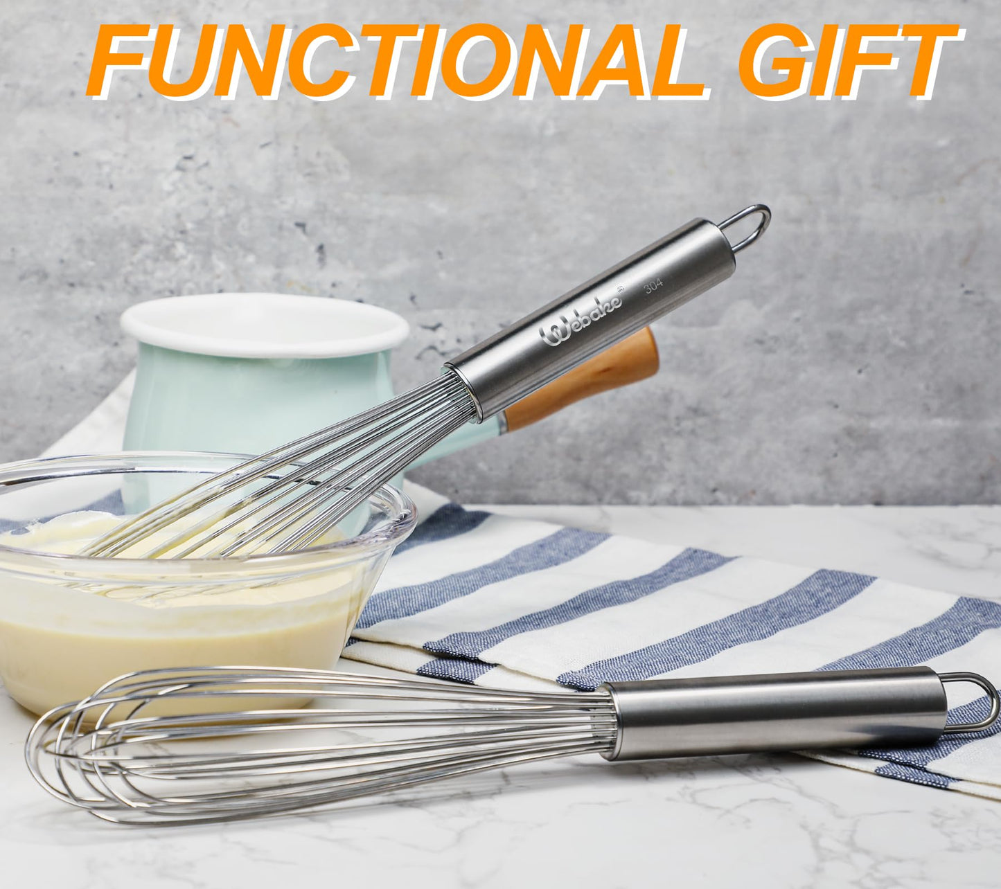Webake 11" Stainless Steel French Whisk French Whip for Professional or Home, 304 Metal Whisk Set of 2