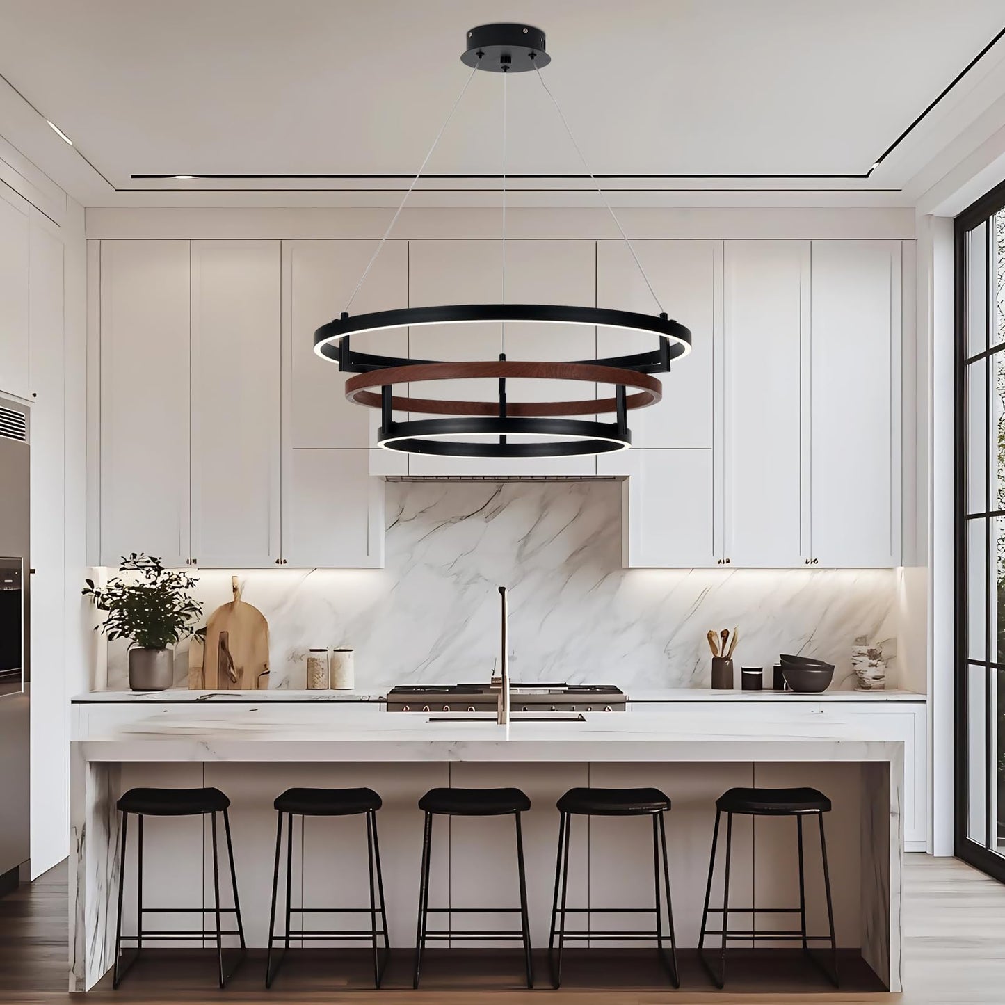 Three-Ring 48-inch glod Vintage Wood-Grain Farmhouse LED Chandelier with Remote Control and dimmable Brightness, Suitable for Dining Room, Kitchen, and Living Room. (glod-48)