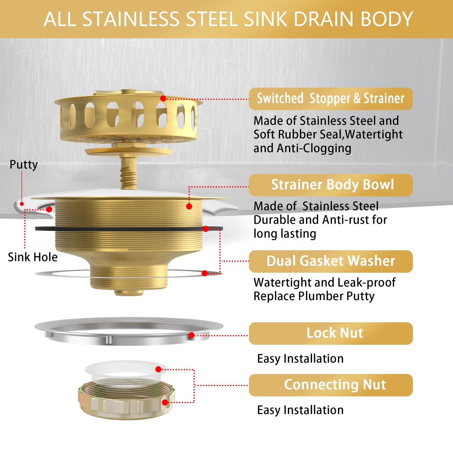 Exakey Gold Sink Drain Strainer 3-1/2 Inch Kitchen Sink Drain Assembly Kit with Stainless Steel Strainer Basket and Drain Stopper for Standard Kitchen Sink Brushed Gold