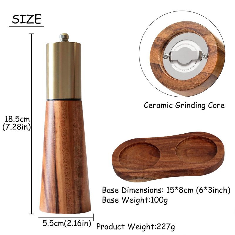 Salt and Pepper Grinder Set Gold Manual Pepper Grinder with Wooden Base, Adjustable Coarseness Refillable Ceramic Blade Grinding Enjoy Fresh Ground Pepper Salts with Spices, 2pcs-7in(7IN-Golden Wood)
