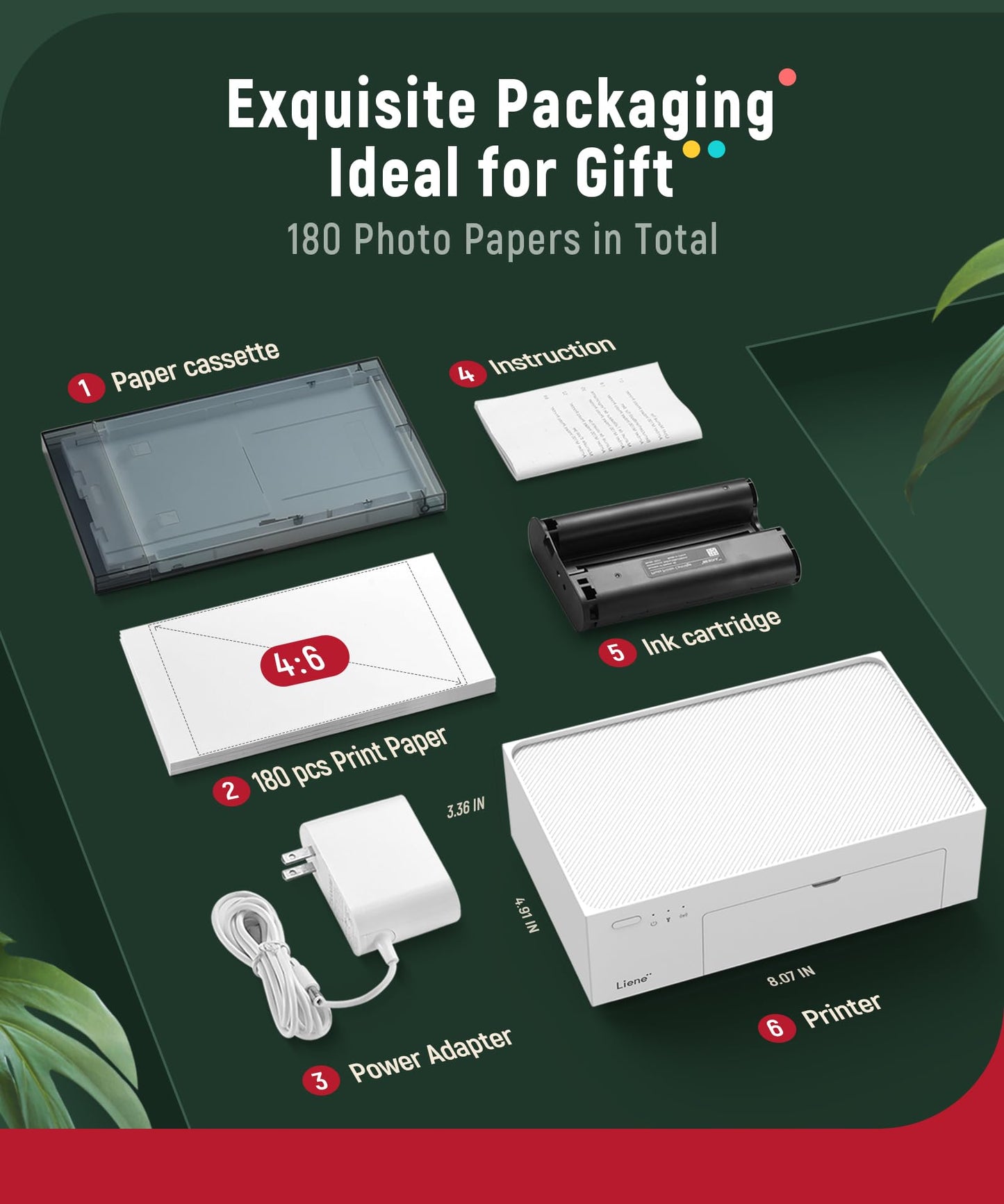 Liene M100 4x6'' Photo Printer Bundle (180 pcs +5 Ink Cartridges), Wi-Fi Picture Printer for iPhone, Android, Smartphone, Computer, Dye-Sublimation, Portable for Home Use