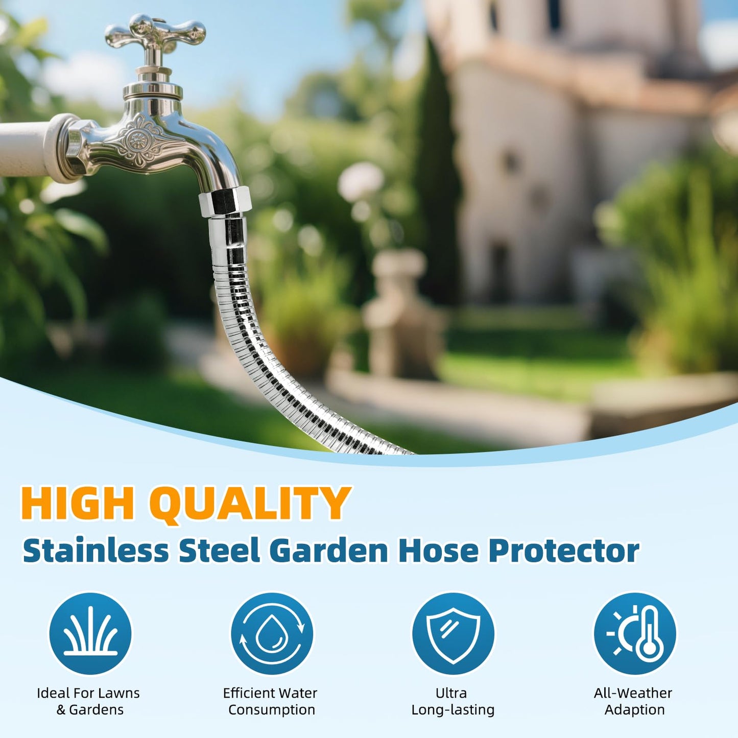 Hibbent All Metal Garden Hose Protector, Stainless Steel Flexible Hose Extension Adapter with 3/4" Female to Male Brass Connector, Anti-twist Hose Extender for Garden, Car Wash, Outdoor Faucet, Chrome