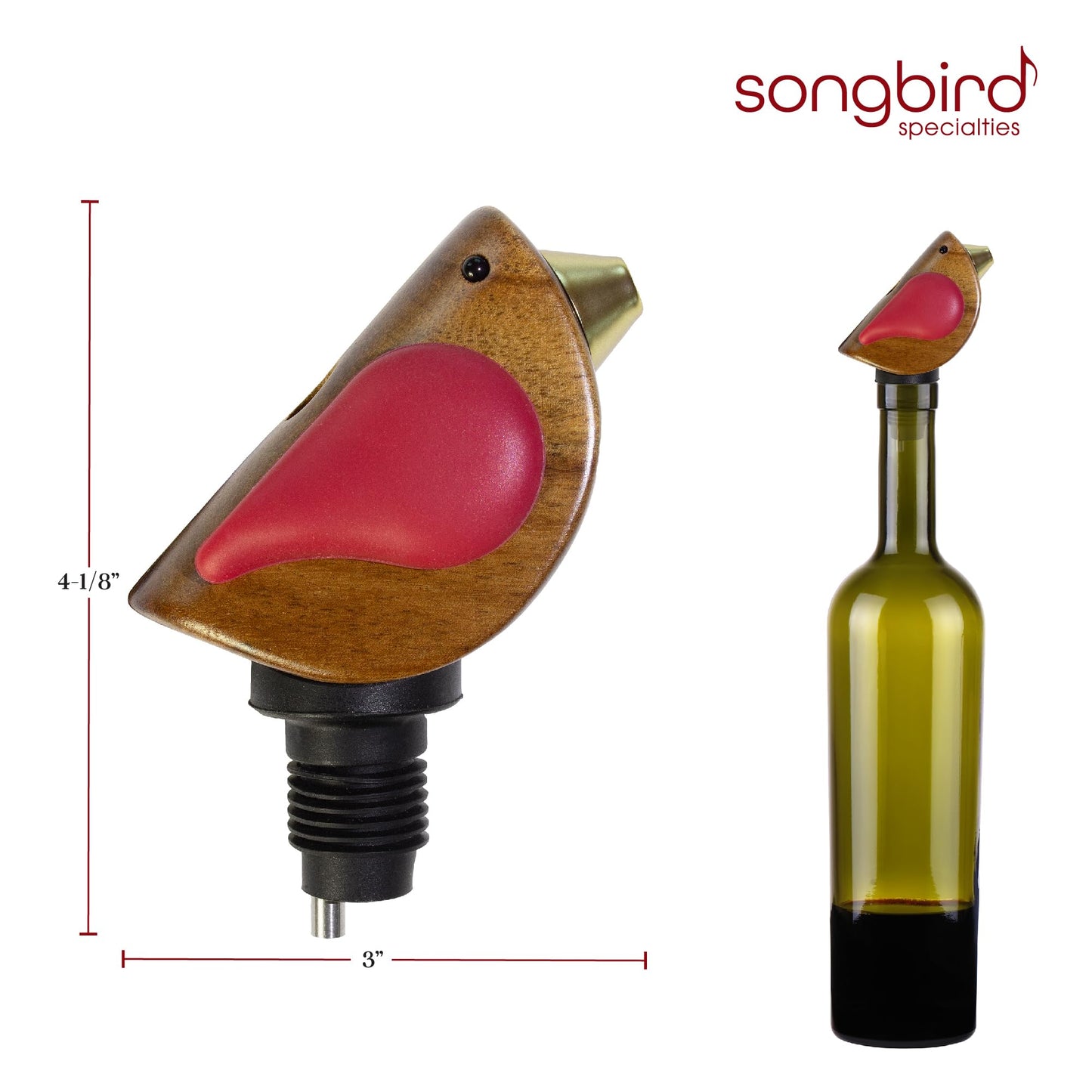 Songbird Specialties Wine Bottle Pourer, Fun Wine Pourer Spout Sings While It Pours, Airtight Wine Bottle Sealer, Acacia Wood with Red Wings