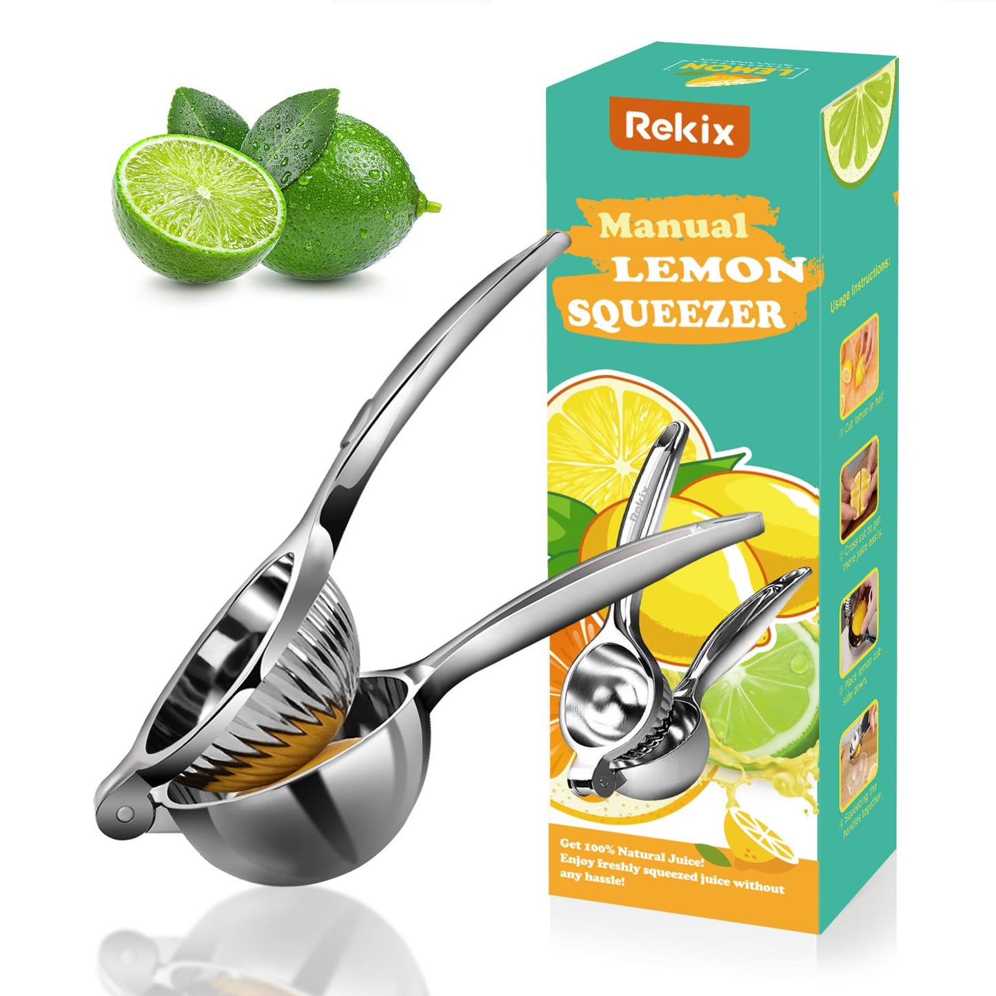 Rekix Lemon Squeezer, Max Extraction Hand Press Lemon Juicer, Heavy Duty Manual Orange Juicer, Sturdy Metal Lime Squeezer, Durable Handheld Citrus Fruit Squeezer for Kitchen Bar, Exprimidor De Limones