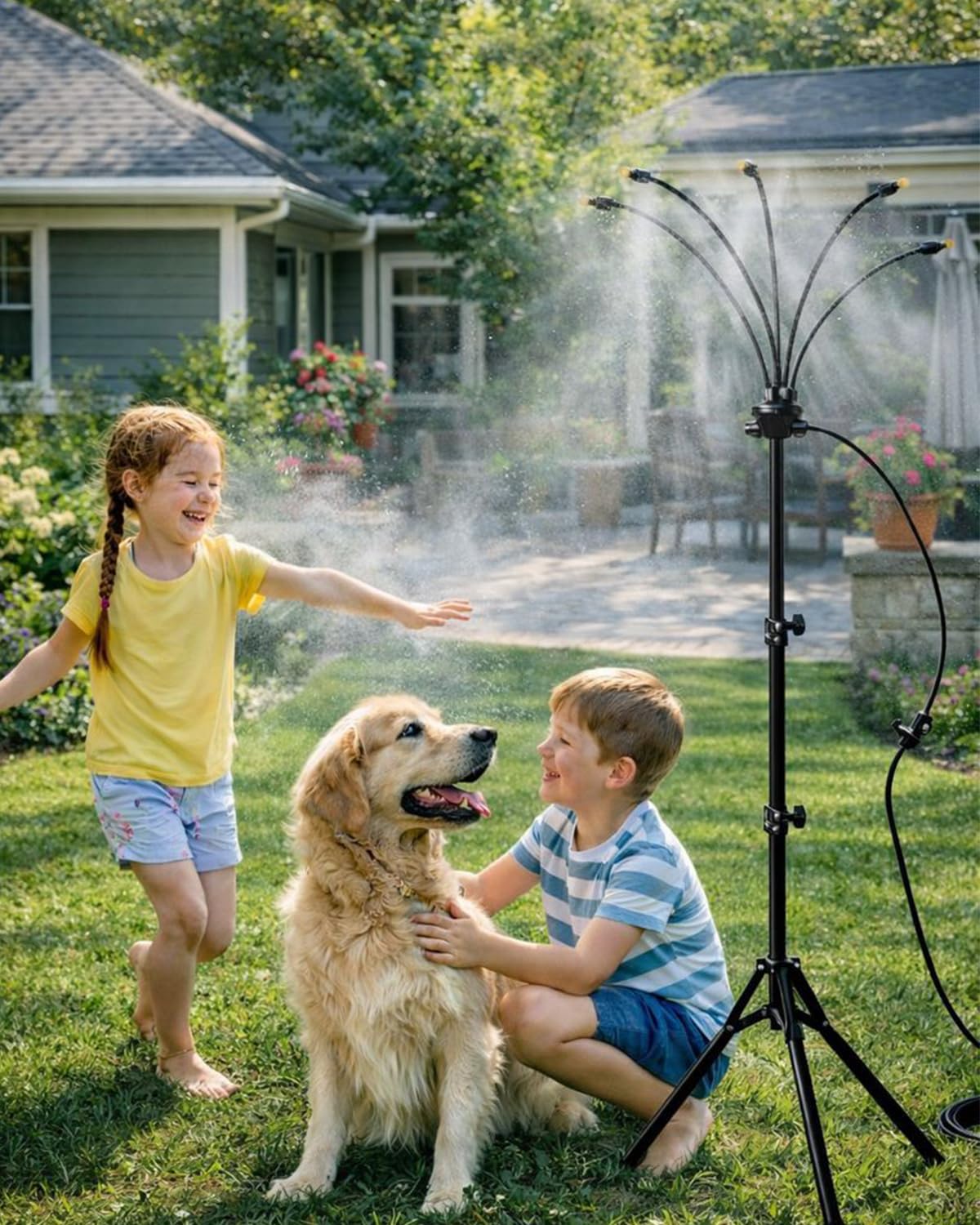 Upgraded 5.3FT Outdoor Misting System, Adjustable Stand with 360° Flexible Hose & 0.5mm Nozzles for Ultra Fine Mist, Patio Cooling Kit for Backyard, Pool, BBQ - Includes 26FT Hose & Tripod