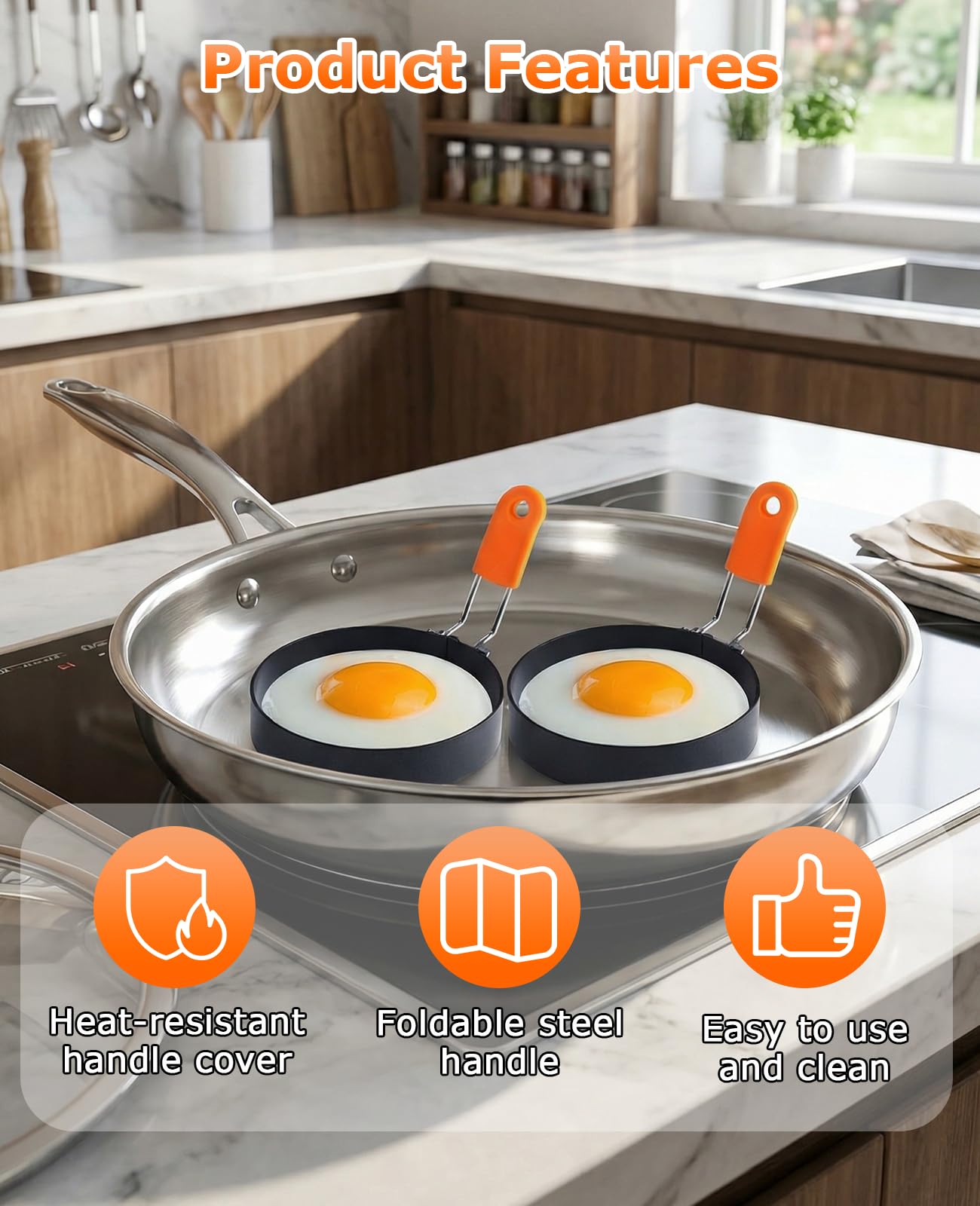 DAWZMR 6 PCS Egg Rings 3.5 Inch, Egg Ring Mold for Cooking Frying with Oil Brush, Blackstone Fried Egg Circles for Breakfast Sandwiches
