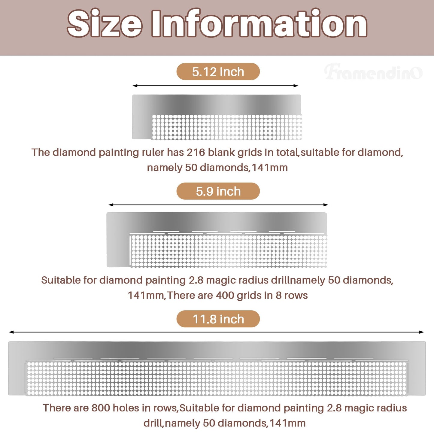 Framendino, 6 Pack Ruler Stainless Steel Diamond Mesh 216 400 599 520 699 800 Blank Grids DIY Drawing with 2 Pieces Fix Tool for Art Crafts