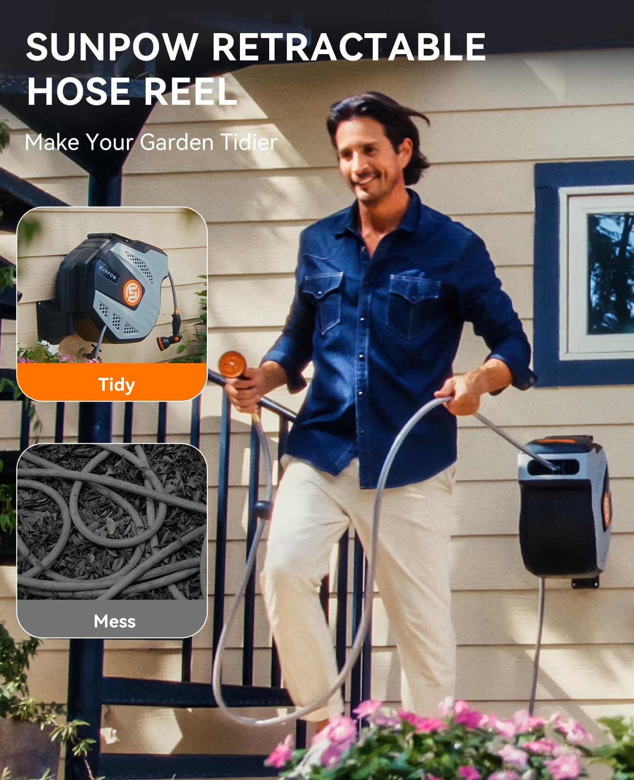 SUNPOW Retractable Garden Hose Reel - 1/2 inch x 50ft Wall Mounted Hose Reel with 3/4 inch Brass Fitting & 10 Function Sprayer Nozzle - Any Length Lock, Auto Rewind System, 180ยฐSwivel Bracket - Grey