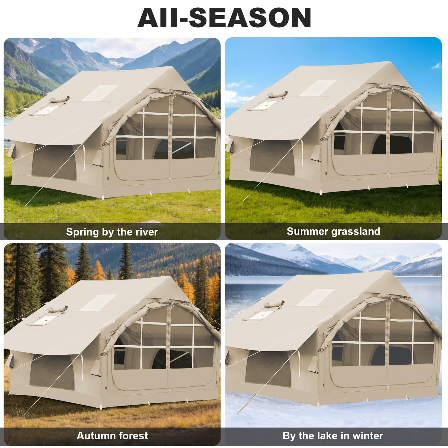 4-6 Person Inflatable Tent for Camping with Stove Jack, Hand Air Pump Easy Setup Blow Up Tents for 4 Seasons Waterproof Inflatable Air House Tent for Outdoor Adult