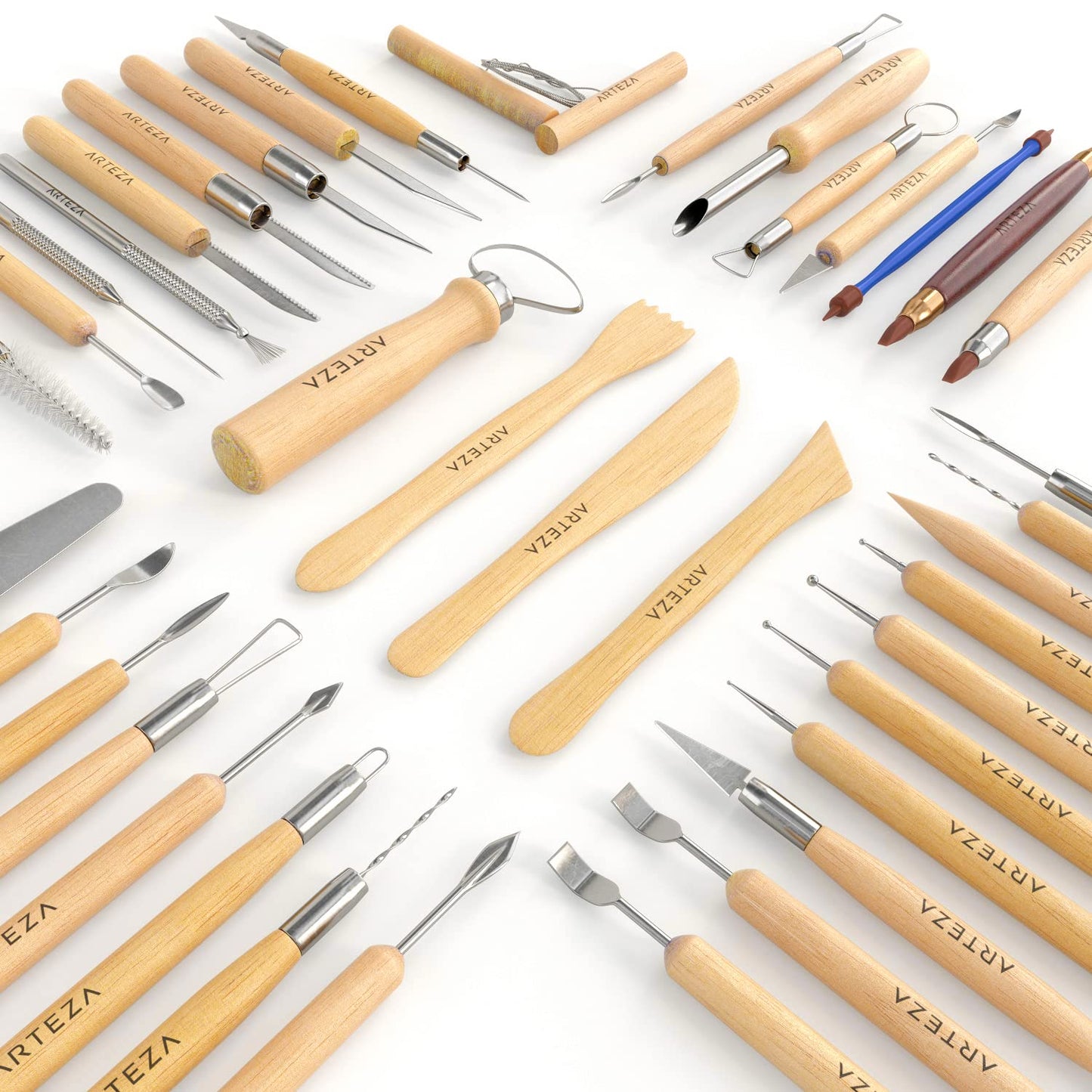 ARTEZA Pottery & Sculpting Tools, 42-Piece Clay Tools Set with Wooden Handles & Steel Tips for Polymer Clay, Ceramics, Carving, Modeling, Shaping & Smoothing