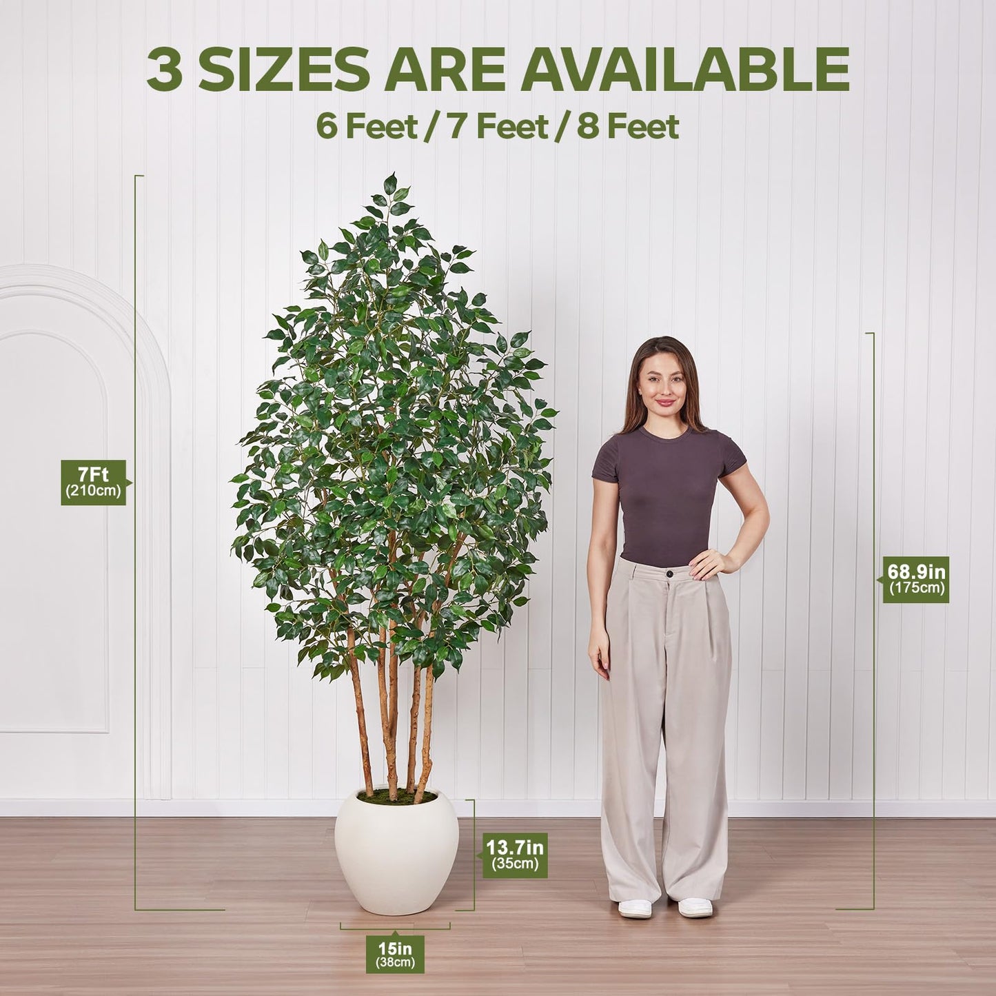 VeriNatural 7FT Artificial Ficus Tree with White Planter - Realistic Faux Ficus Tree with 1500+ Silk Leaves, 4 Real Wood Trunks,Tall Fake Plant for Indoor Living Room, Office, Home Decor (84")