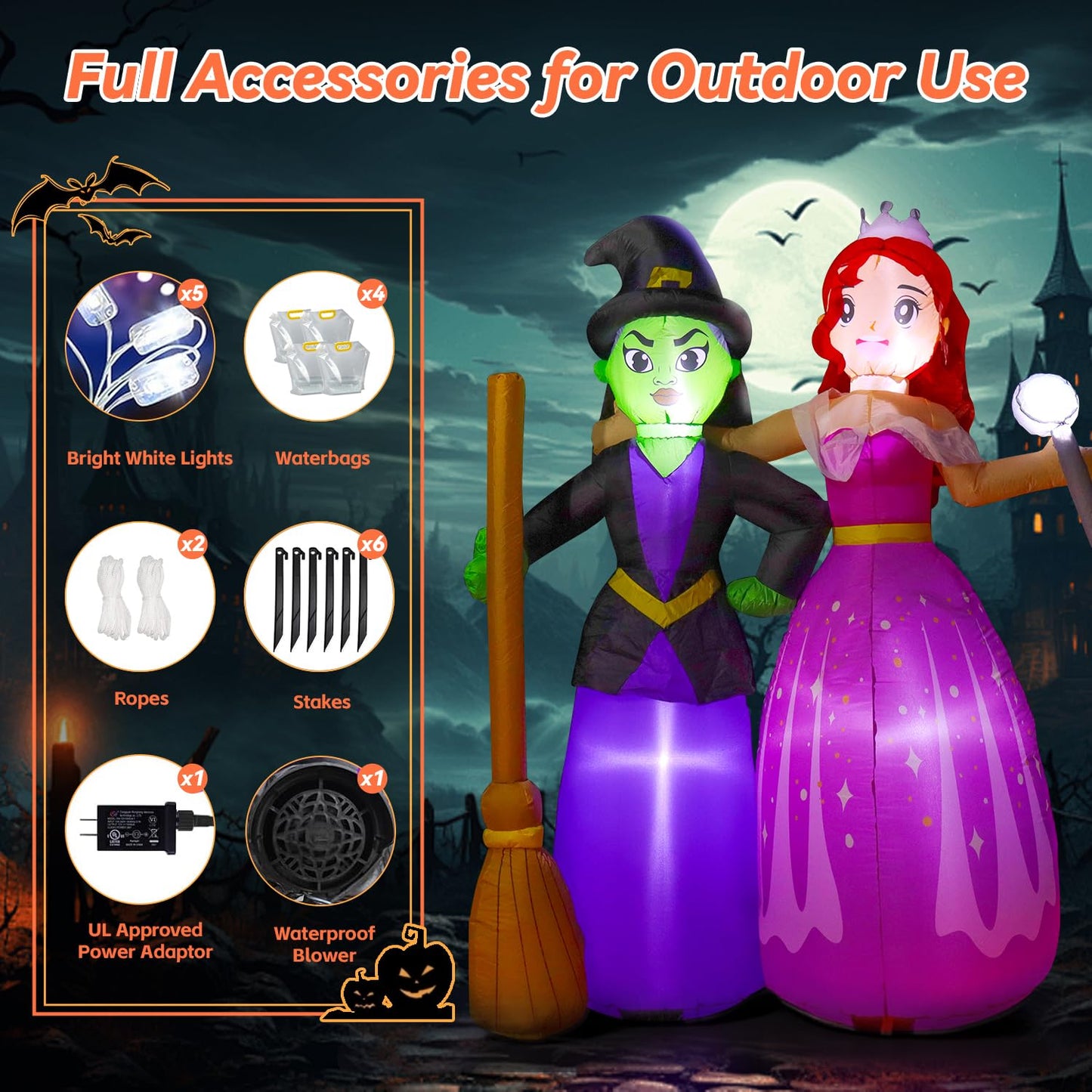 6FT Halloween Inflatable Witch Sisters with Magic Wand and Broom, Holiday Outdoor Blow Up Decorations Built-in LEDs for Halloween Party Supplies, Yard Indoor Garden Lawn Patio