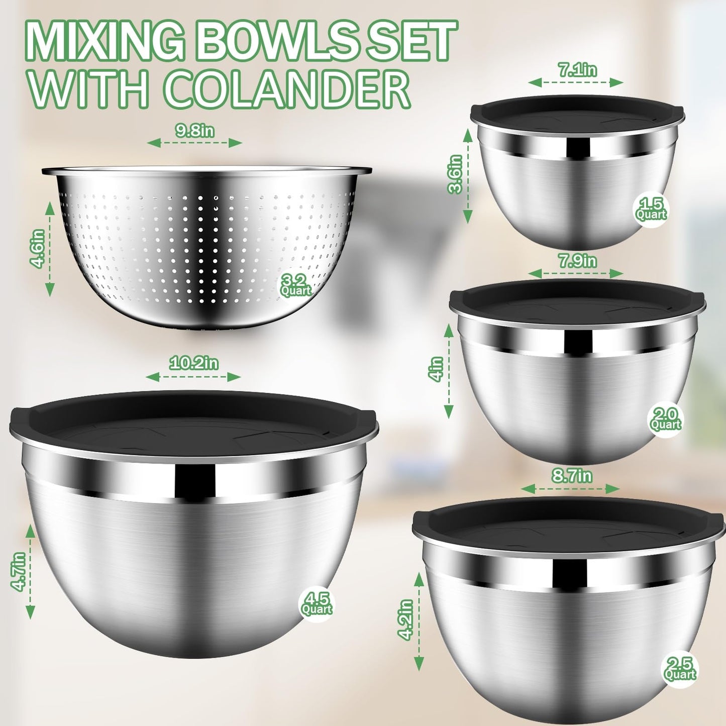 DUTZUN Mixing Bowls with Lids Set, Stainless Steel Mixing Bowls with Colander, Strainer with Mixing Bowl Set, Serving Bowl Kitchen Gift, Size 4.5, 2.5, 2, 1.5QT - Black