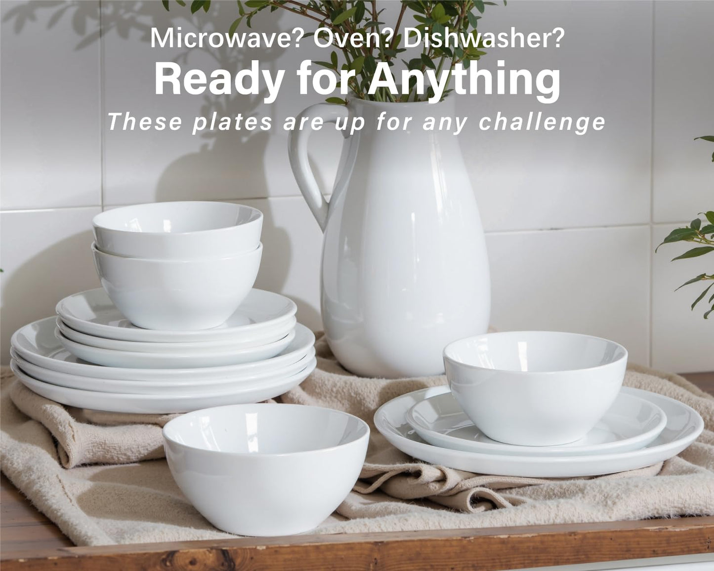 ONEMORE Plates and Bowls Set 12 Pcs,Stoneware Dinnerware Sets for 4 Microwavable,Oven & Dishwasher Safe Porcelain,Scratch Resistant Dishes Set,White