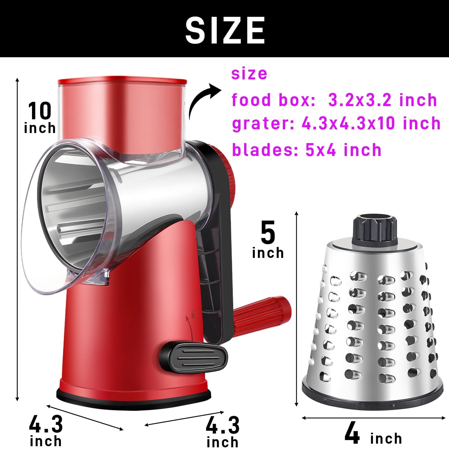 Weltonhm Rotary Cheese Graters with 4 Blades, Large Hand Crank Cheese Grater with Waffle Slicer, Red Cheese Shredder with Suction Base, Easier for Shredding & Grating (Red and black, 4 Graters)