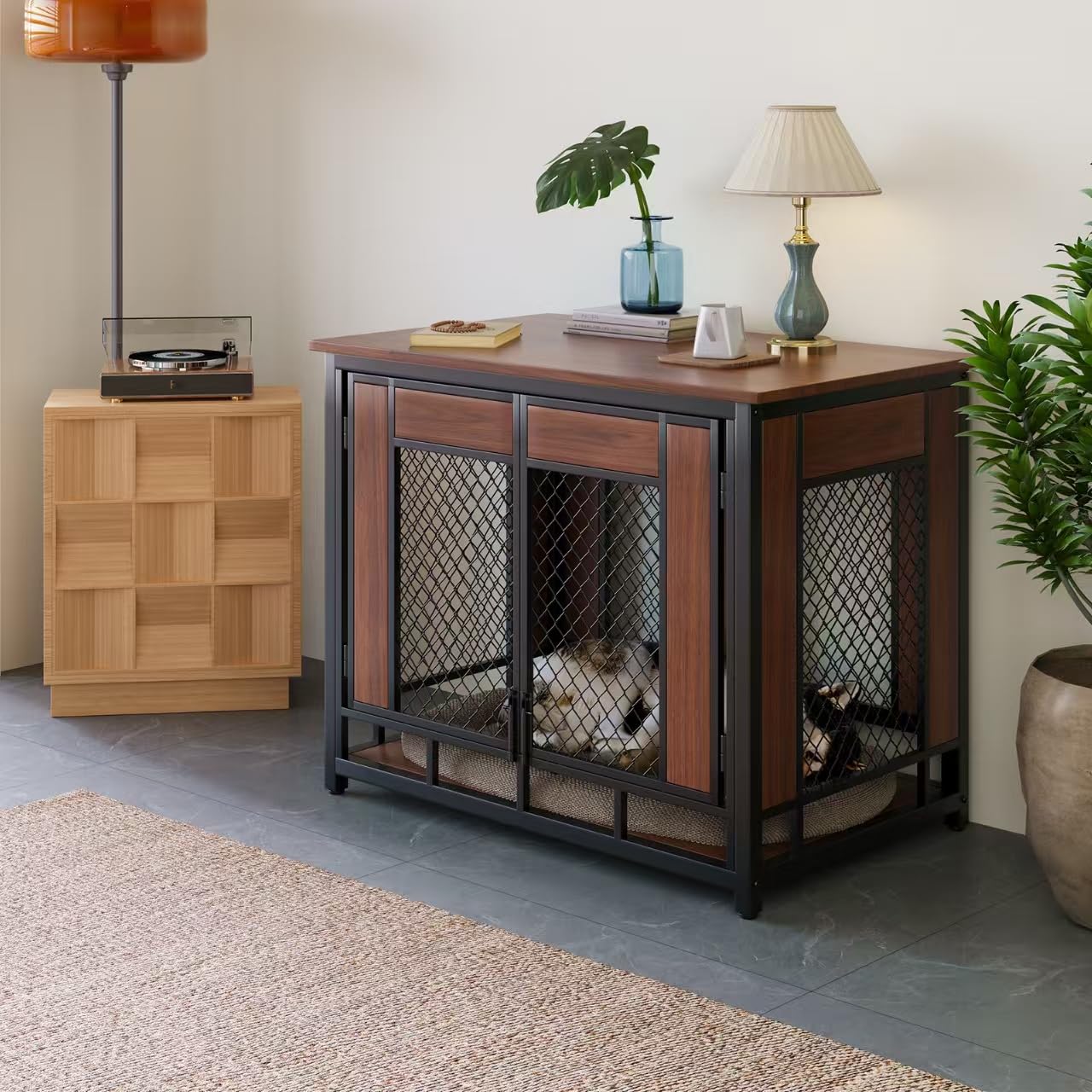 Dog Crate Furniture, 41'' Wooden Dog Kennel Furniture Indoor with Double Doors, Decorative Dog Cage End Table for Medium Large Dogs,Modern Dog Crate with Multi-Purpose Removable Tray,Rustic Brown