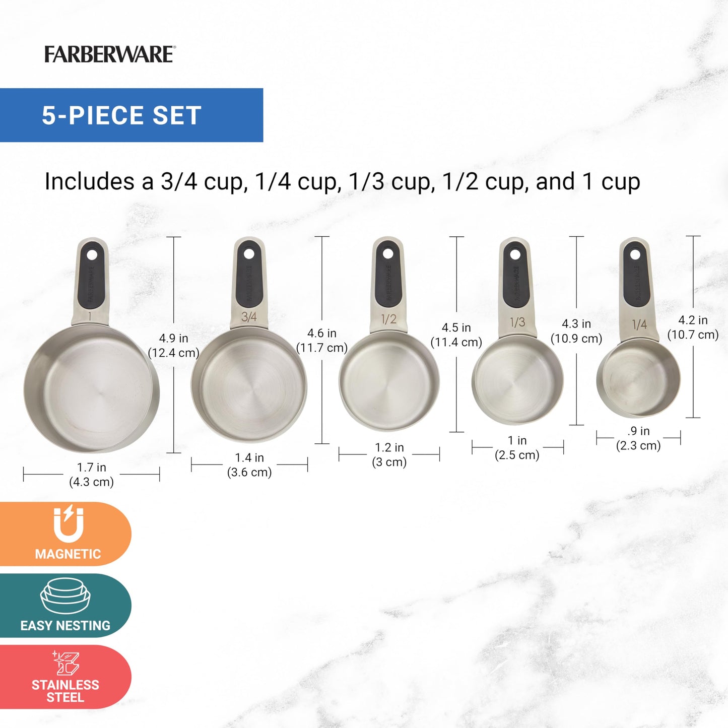 Farberware Professional Set of 5 Stainless Steel Measuring Cups, Precision and Ease in Every Scoop, Features Magnetic Handles for Easy Storage, Dishwasher Safe