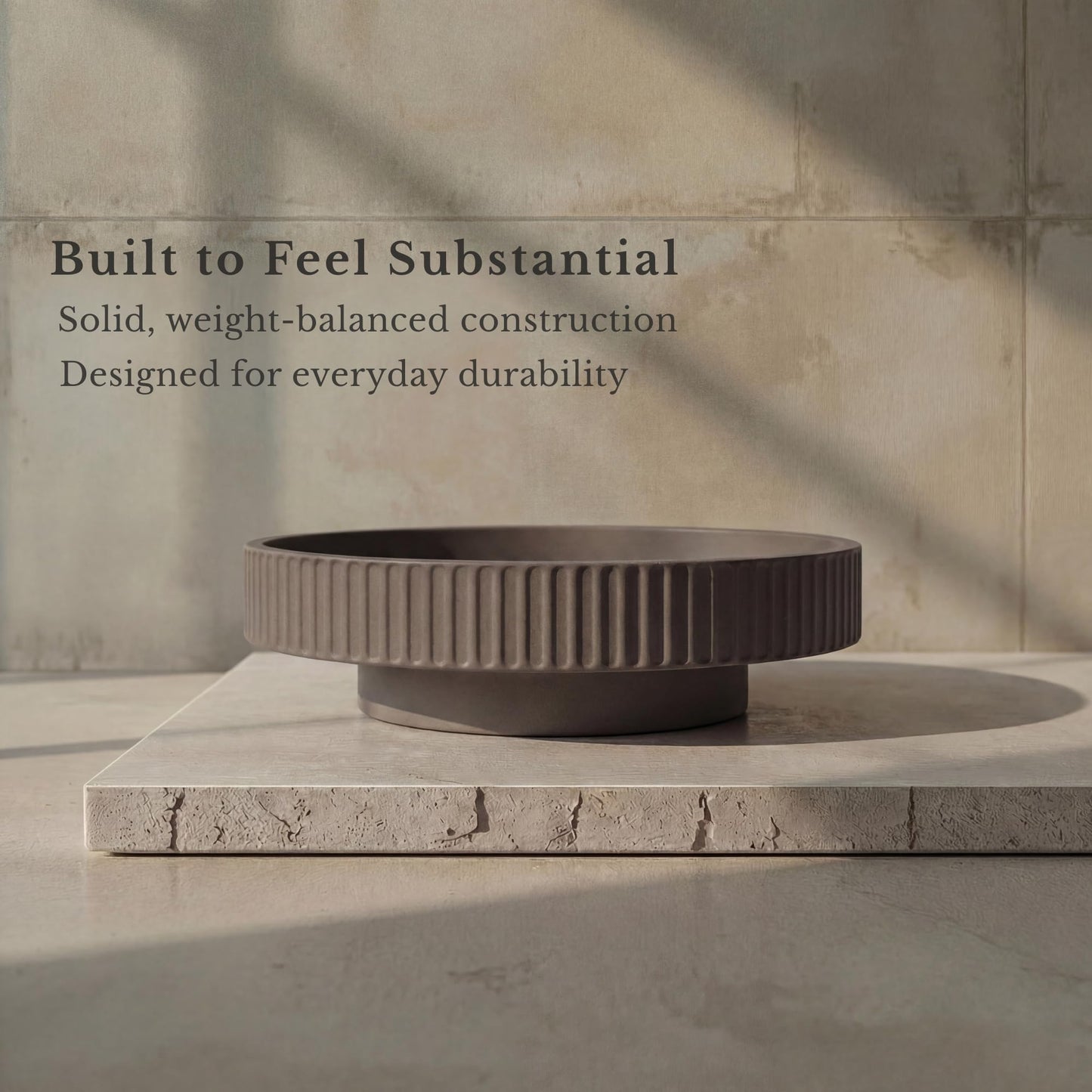 JUPTR Concrete Fruit Bowl (12") – Shallow Fluted Pedestal Decorative Centerpiece Bowl for Table, Entryway Catch-All & Modern Home Decor – Heavyweight Stone Bowl (Charcoal)
