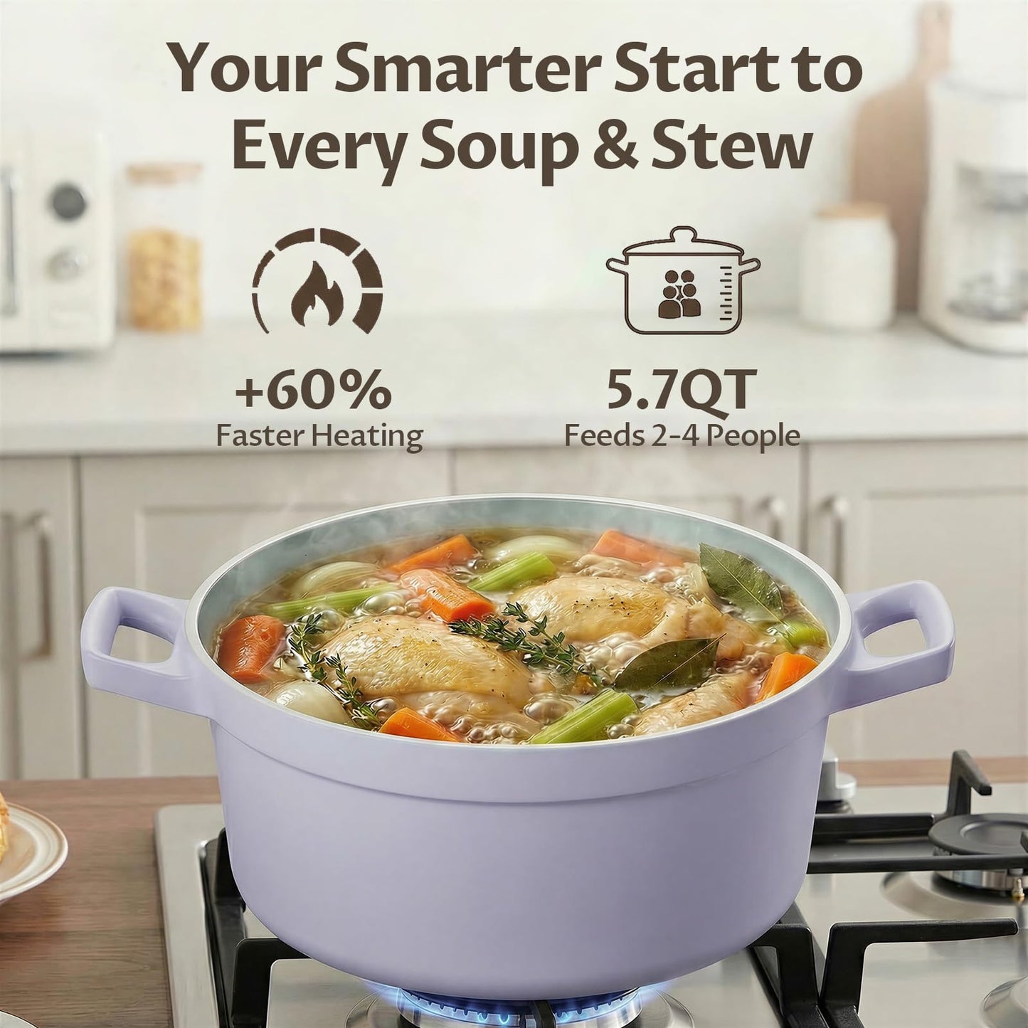 5.7 Quart Nonstick Stock Pot with Lid, BEZIA Ceramic Soup Pot for Family Cooking, Induction Cooking Pot with Smart-Vent Braising, Easy Cleanup, Perfect for Side Dishes, Daily Meals & Camping