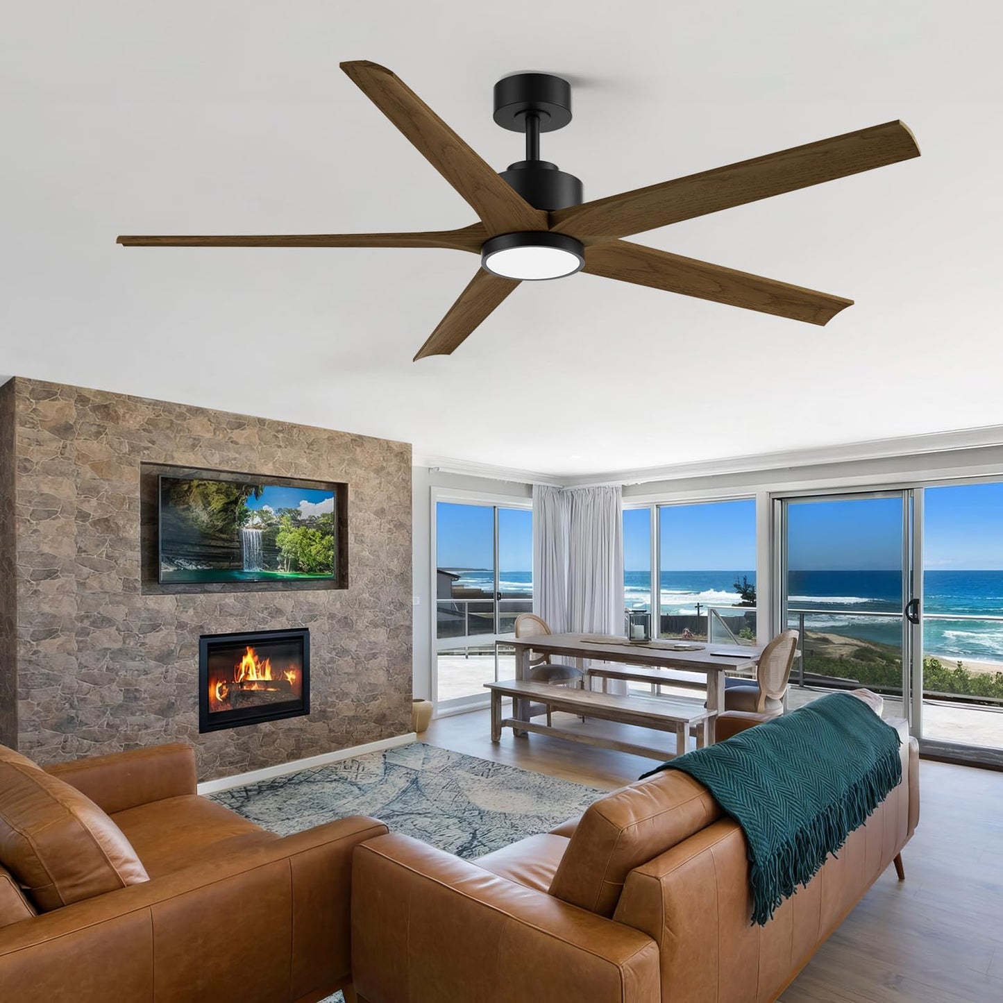60 Inch Ceiling Fan with Lights, Outdoor Wood Silent Ceiling Fans, Modern High CFM Farmhouse Ceiling Fans, Quiet Reversible DC Motor, 5 Blades 6 Speed for Bedroom Living Room Exterior Patios