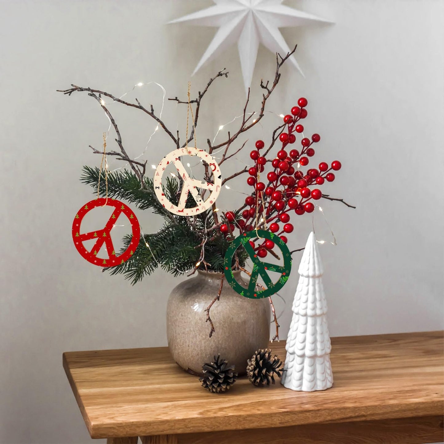 YOUEON 50 Pcs Unfinished Wood Peace Sign with Jute Rope, 4 Inch Round Wooden Pieces Hanging Ornaments, Cutout Blank Wood Slices for Party, DIY, Crafts